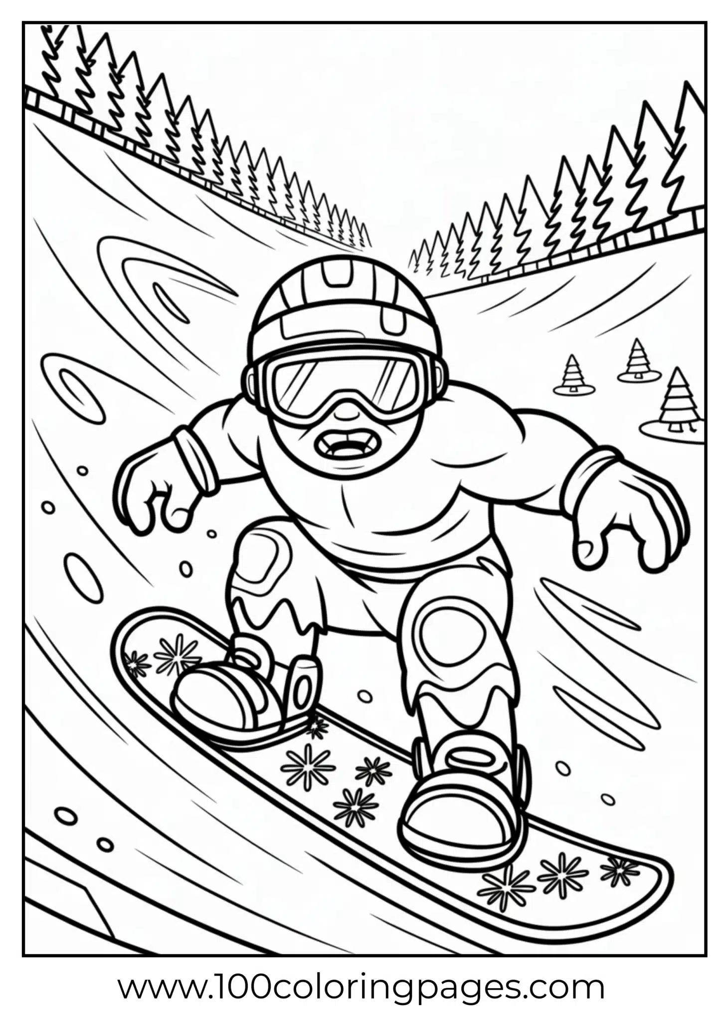 Hulk snowboarding downhill coloring page