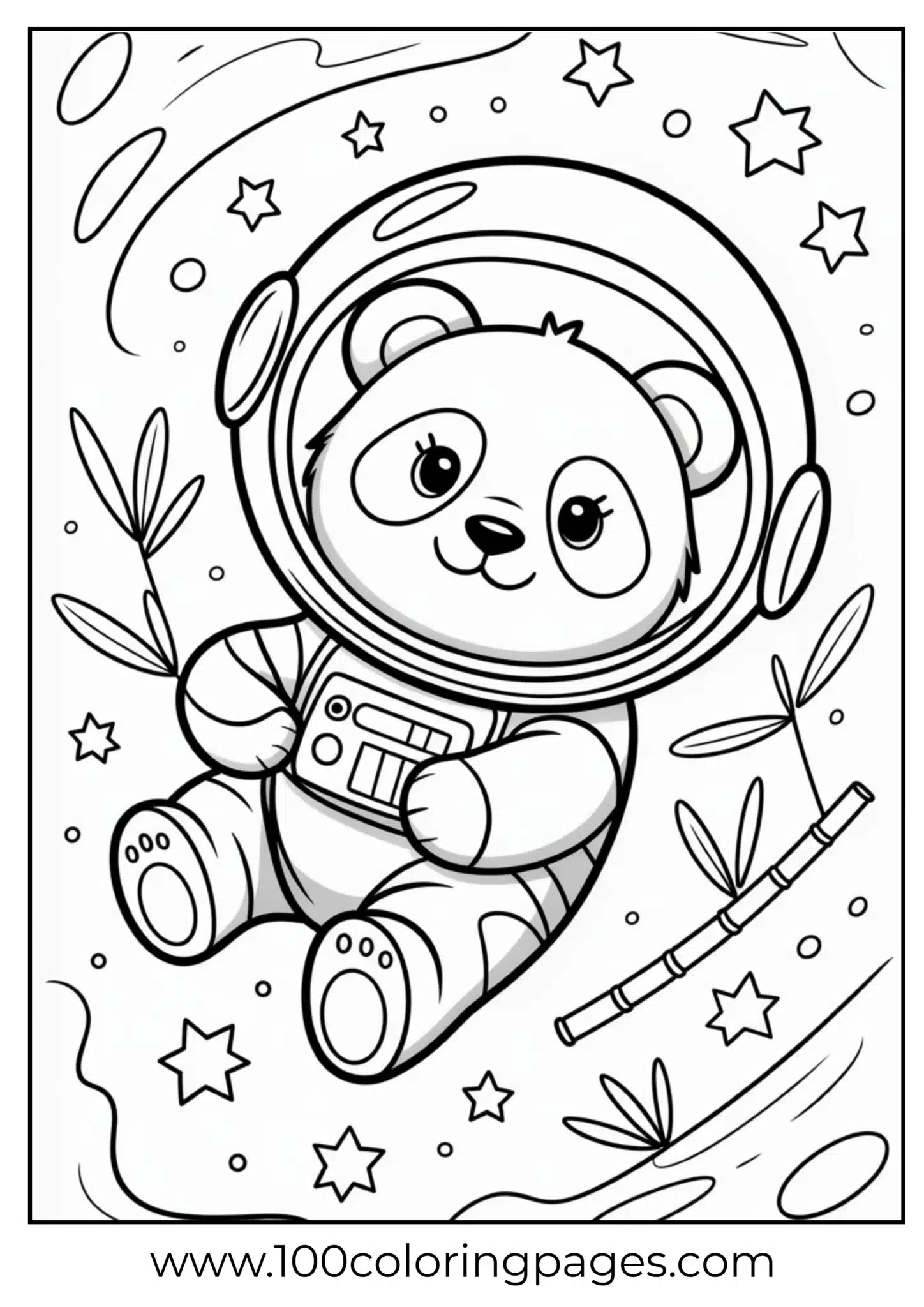Panda astronaut in zero gravity with bamboo, outline