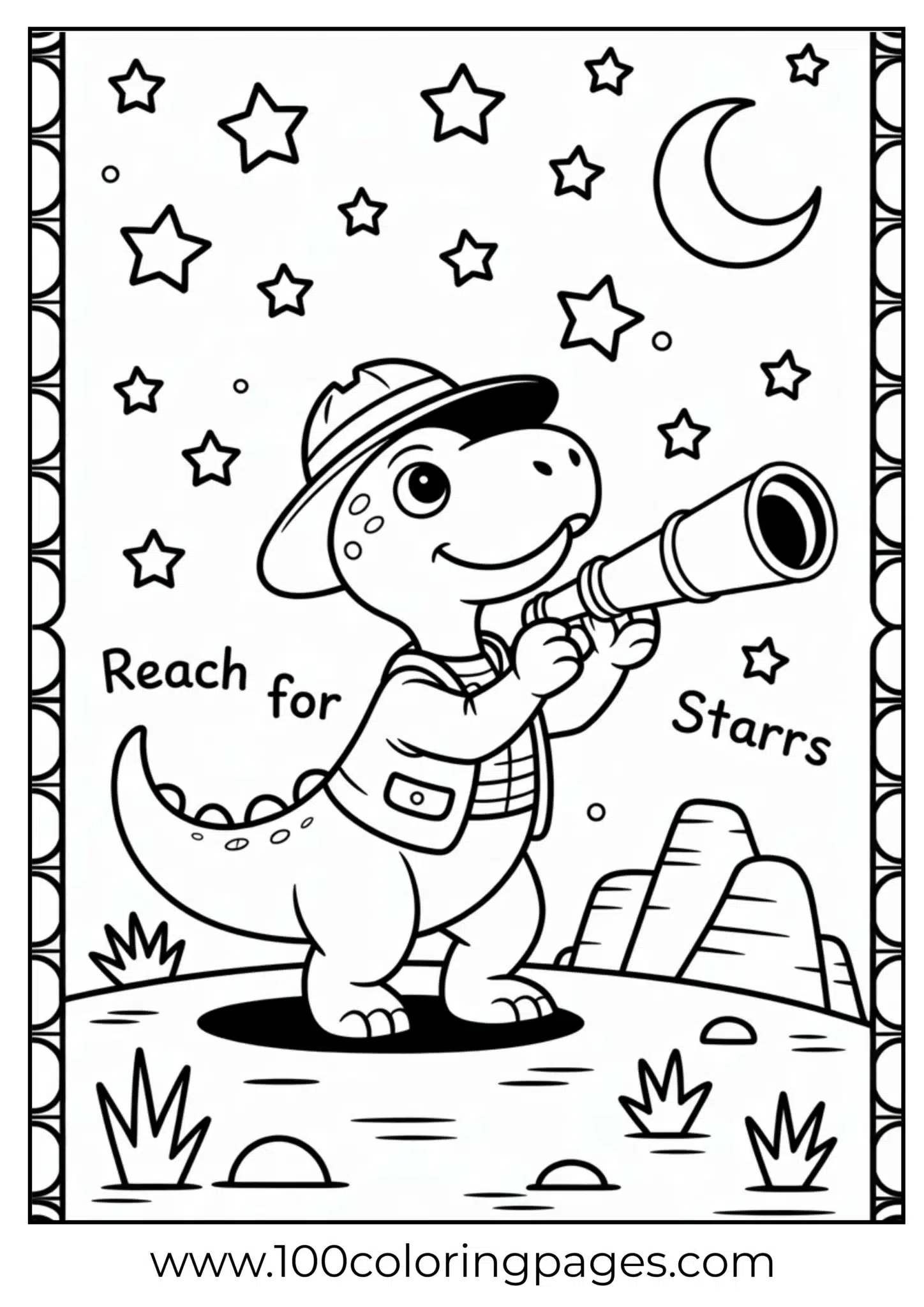 Dino with telescope looking at sky, outline