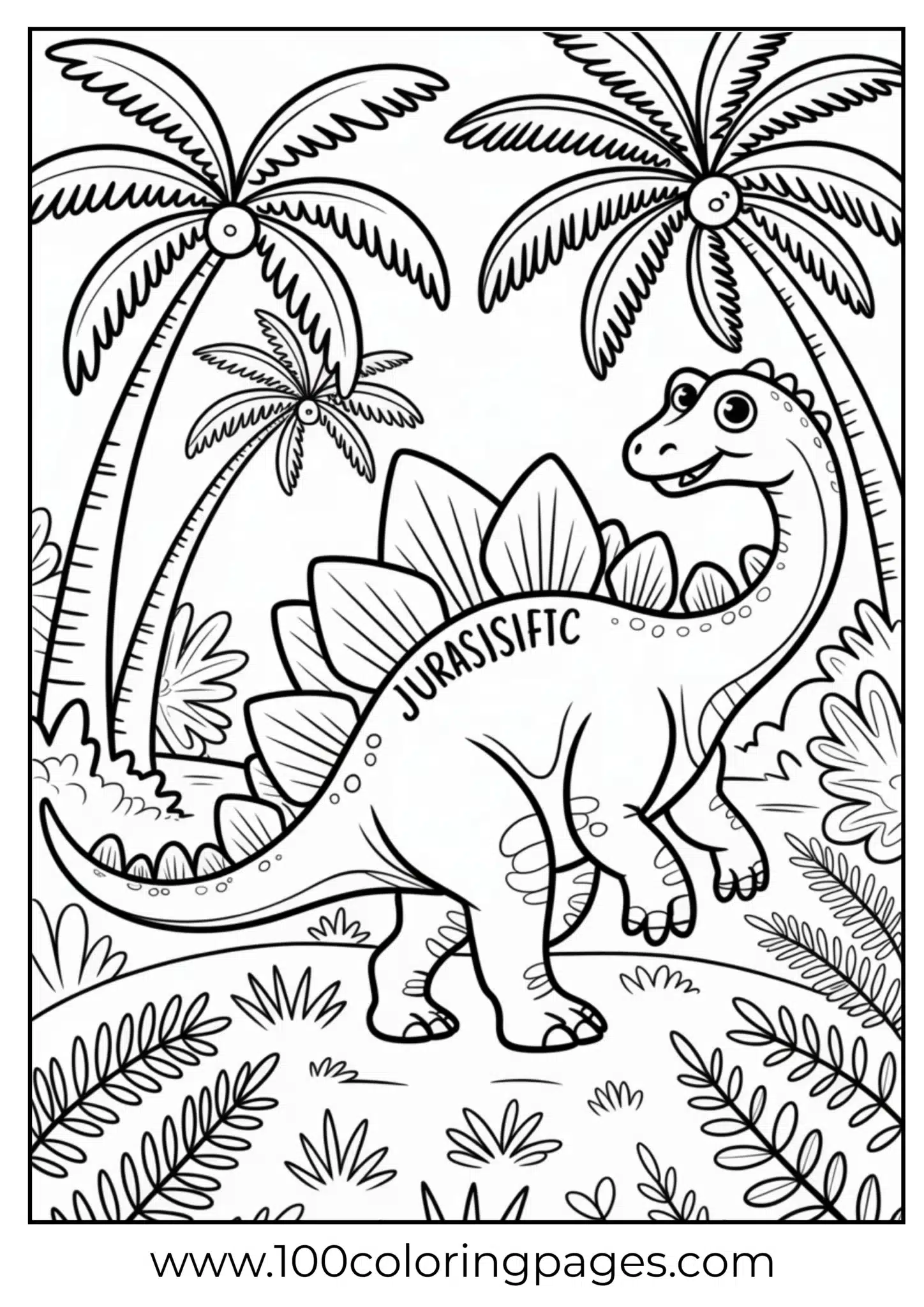 Stegosaurus strolling by palm trees, outline