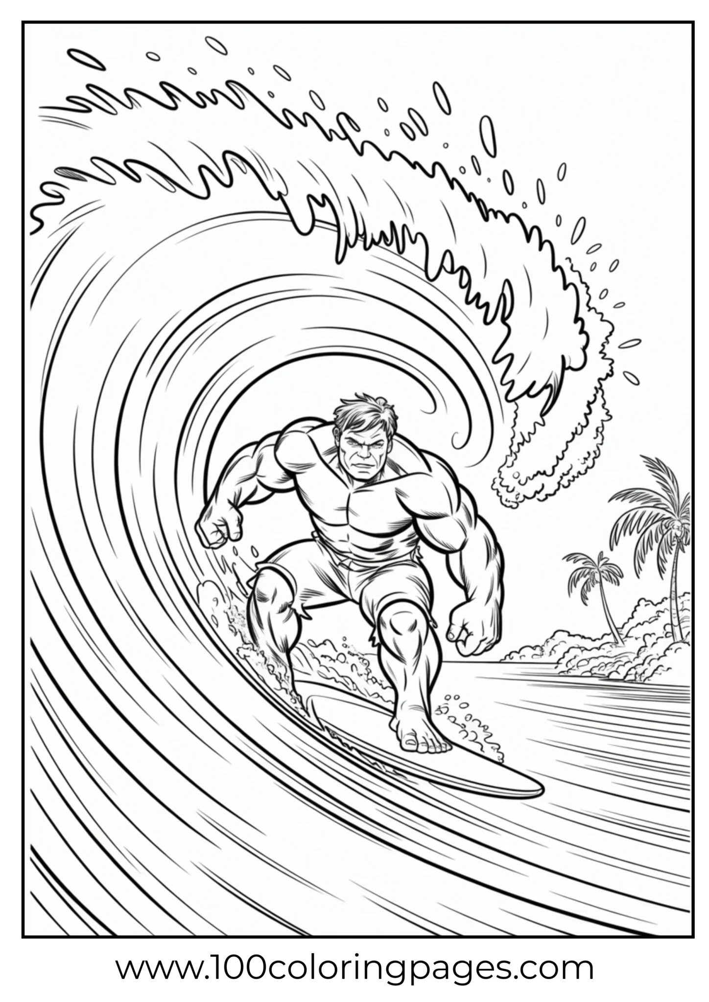 Hulk surfing ocean wave coloring page