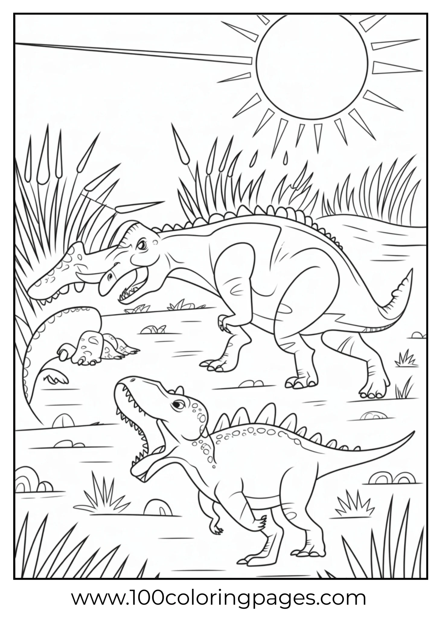 T‑rex running after triceratops in chase scene, outline