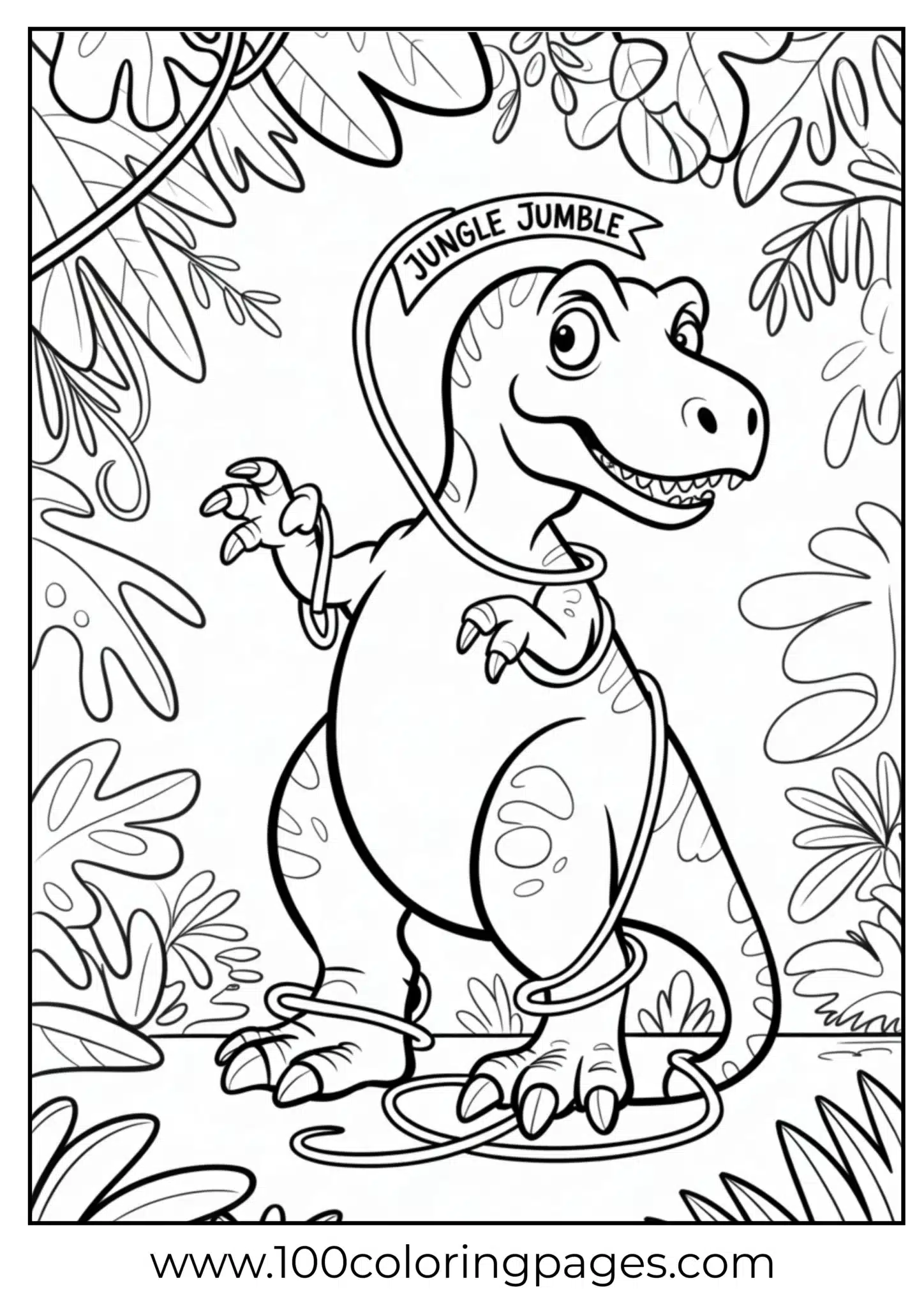 T‑rex caught in jungle vines, outline