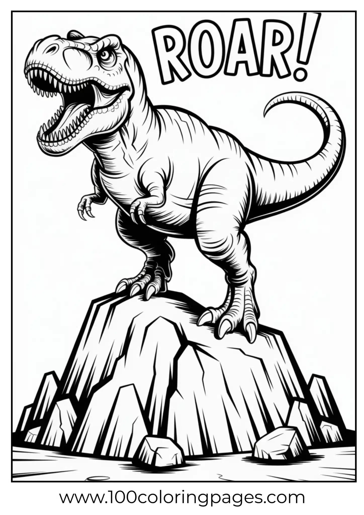 T‑rex roaring with open jaw on a rock, outline