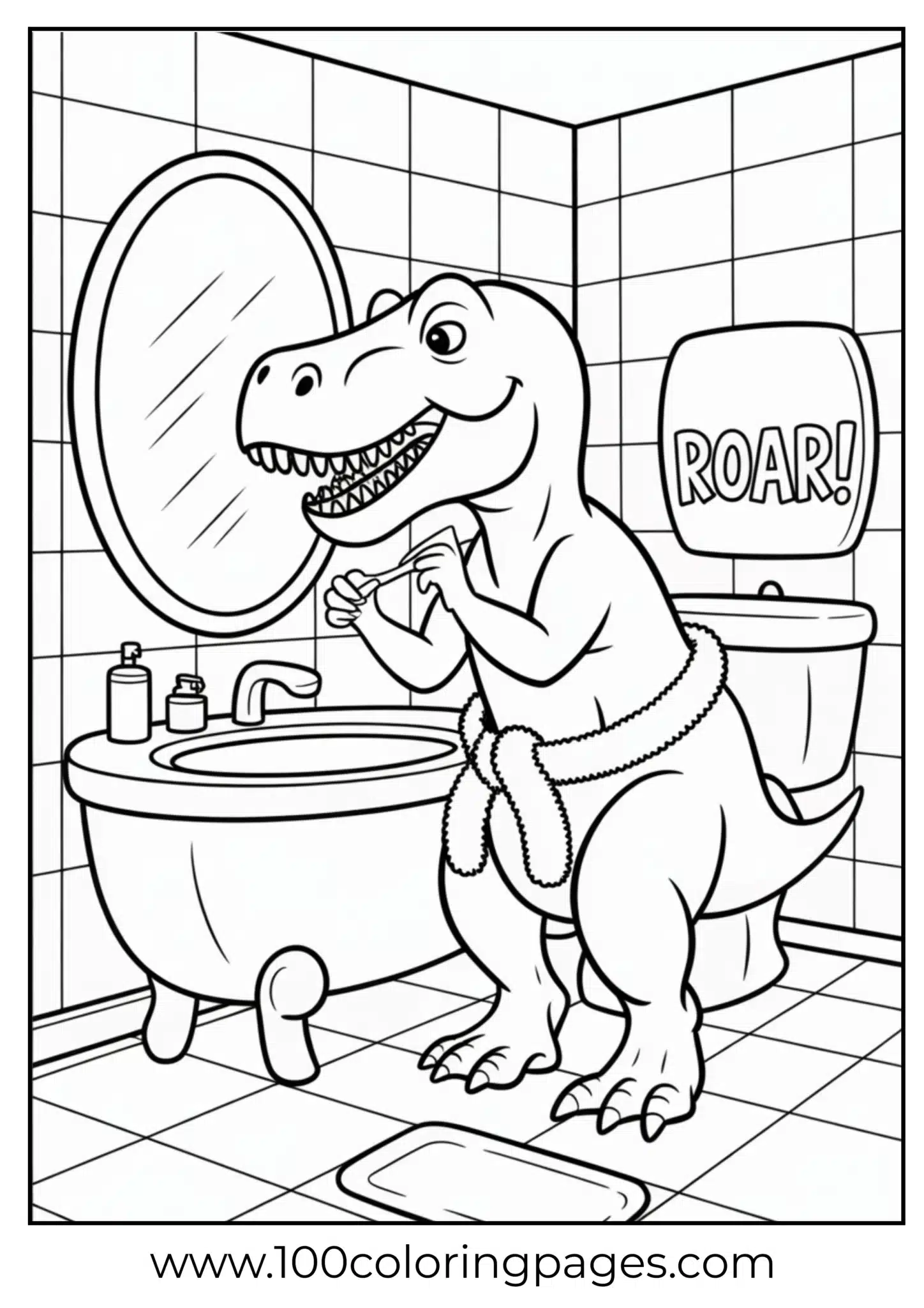 T‑rex brushing large teeth in mirror, outline