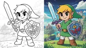Link with sword and shield in Hyrule — Zelda coloring pages split view, colored and outline.