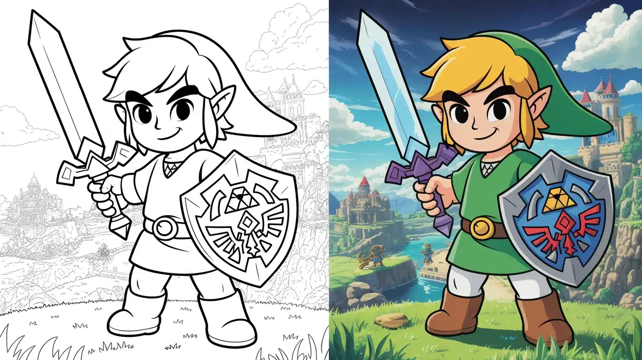 Link with sword and shield in Hyrule — Zelda coloring pages split view, colored and outline.