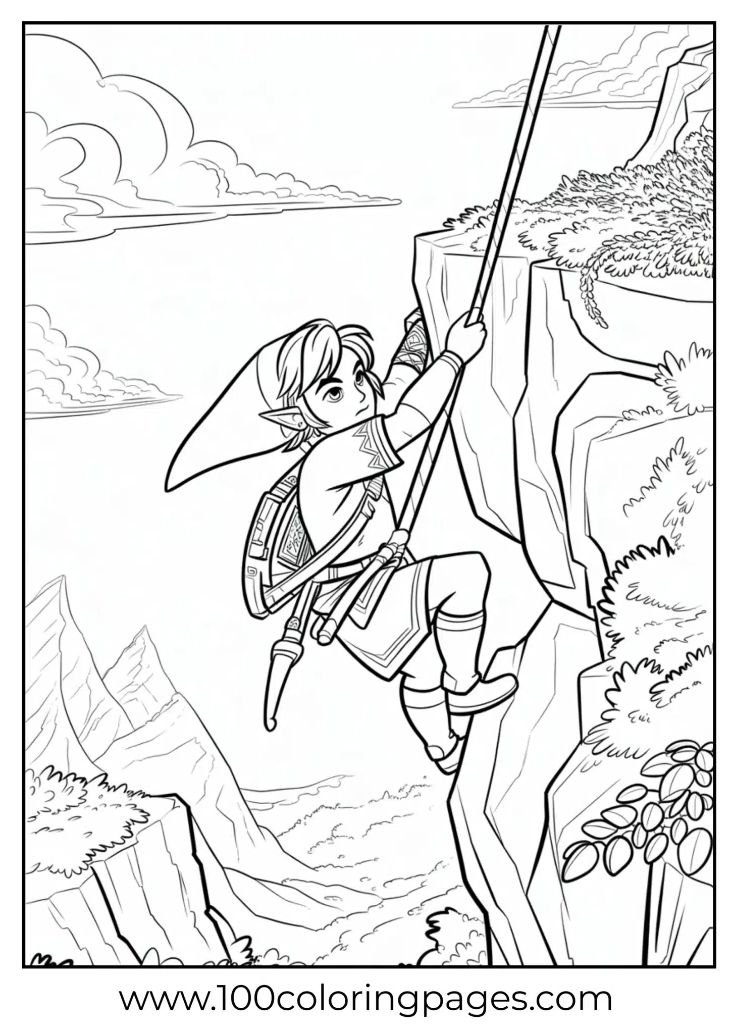 Link climbing cliff coloring page