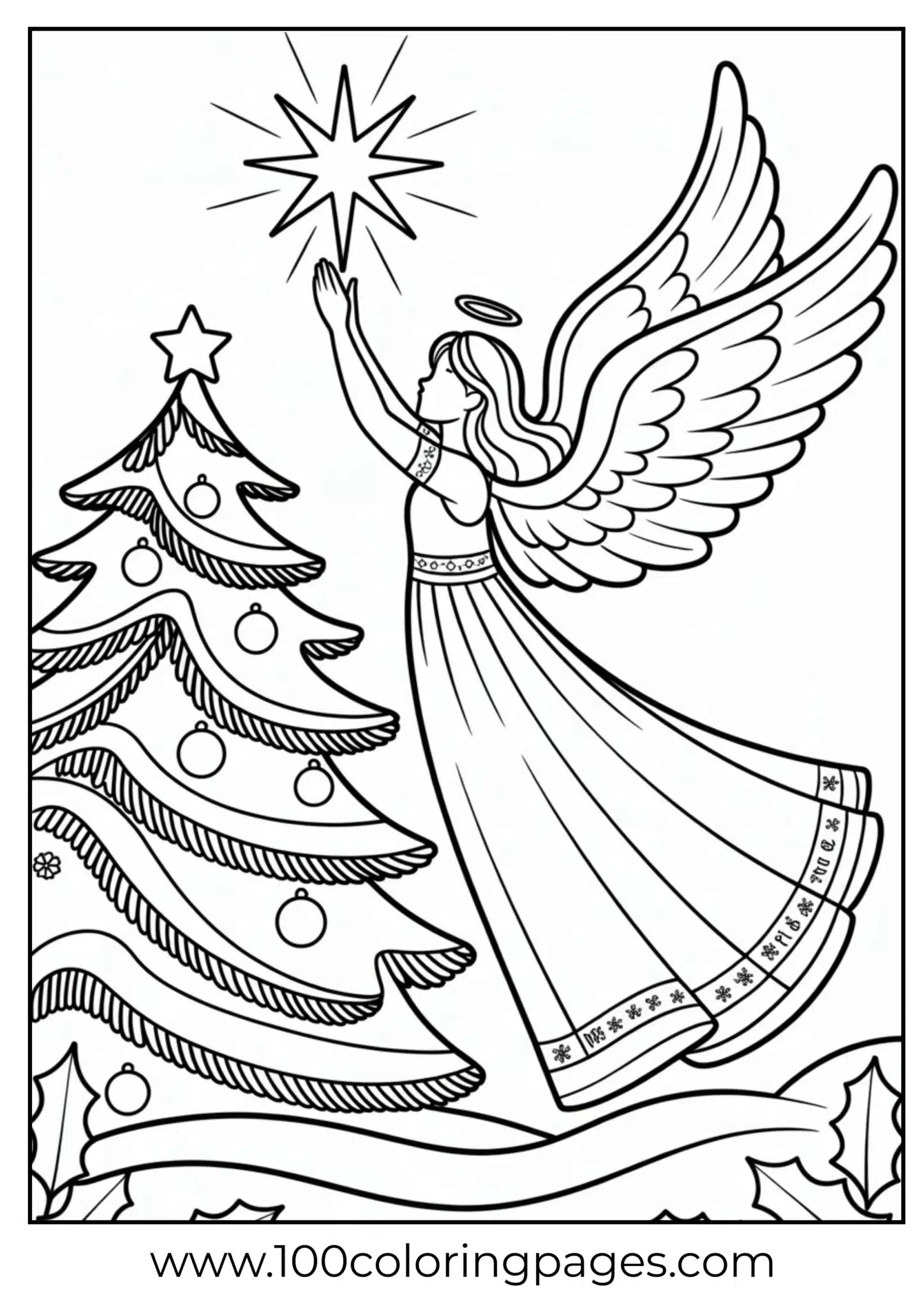 An angel holding star on Christmas tree