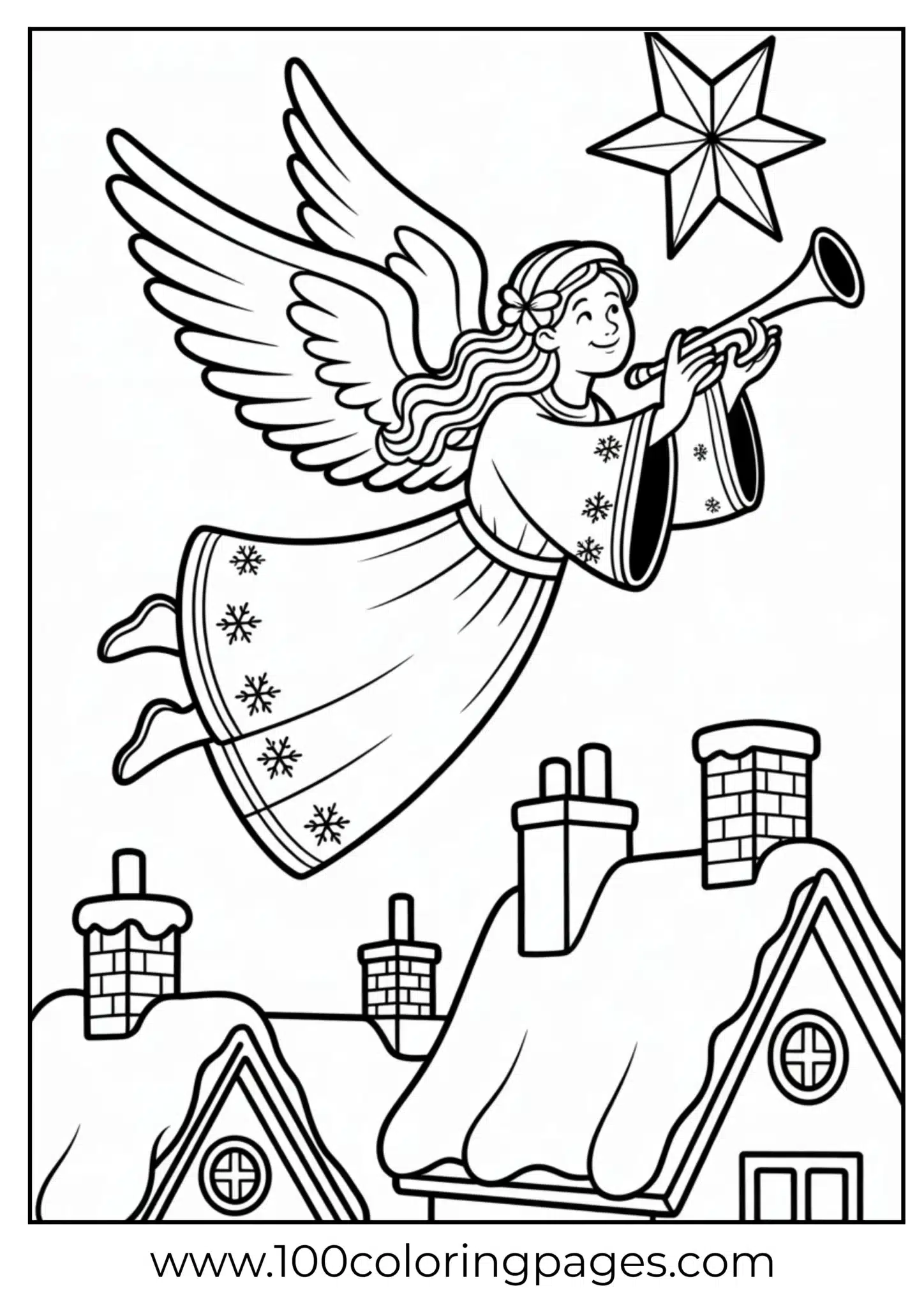 An angel with trumpet over Christmas town