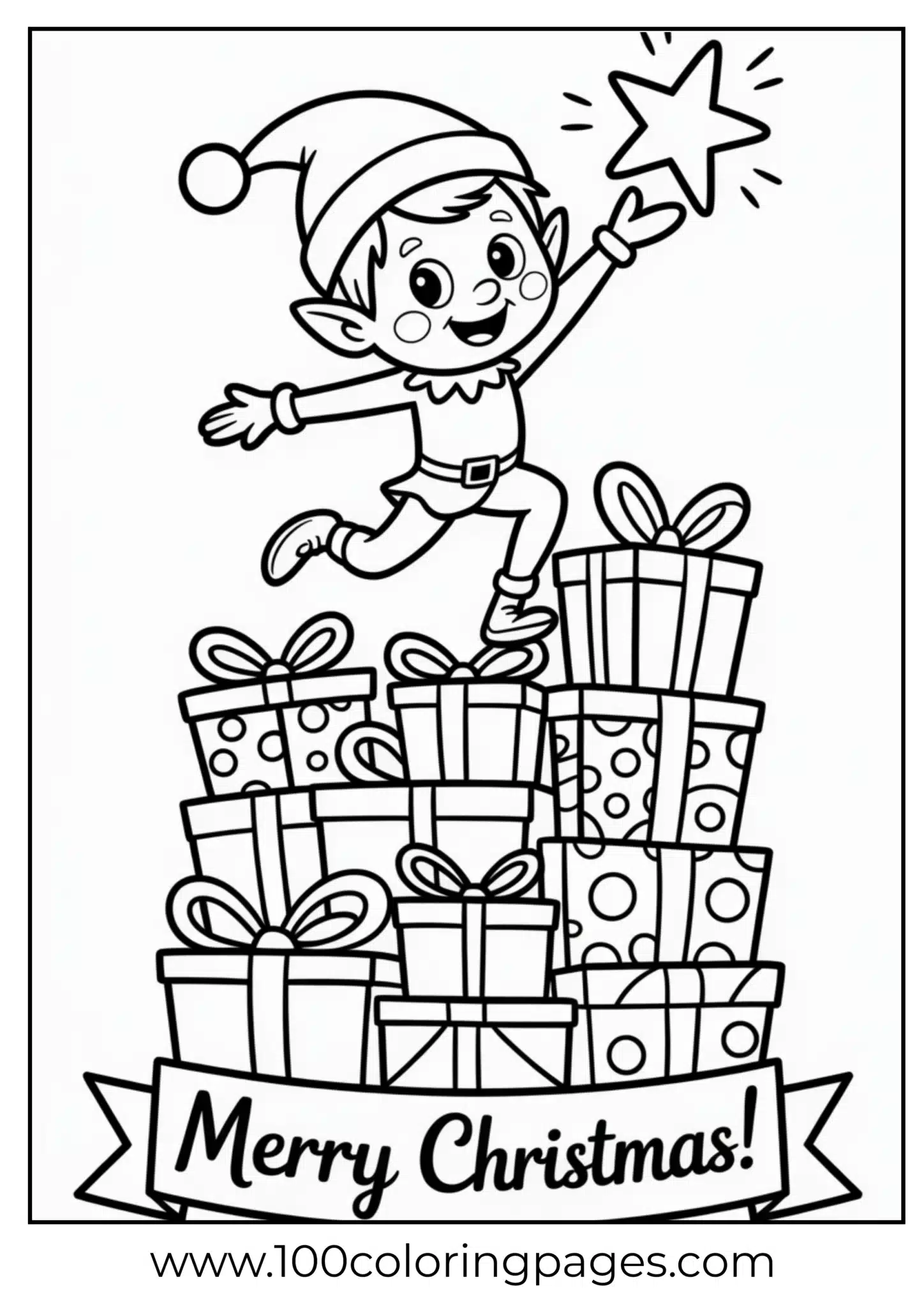 An elf balancing on gifts at Christmas