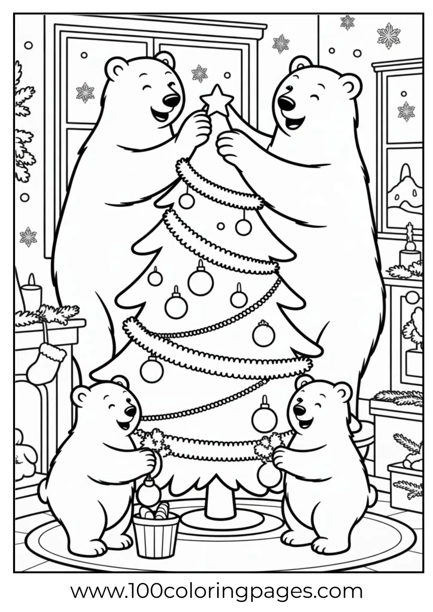 A family of polar bears decorating tree