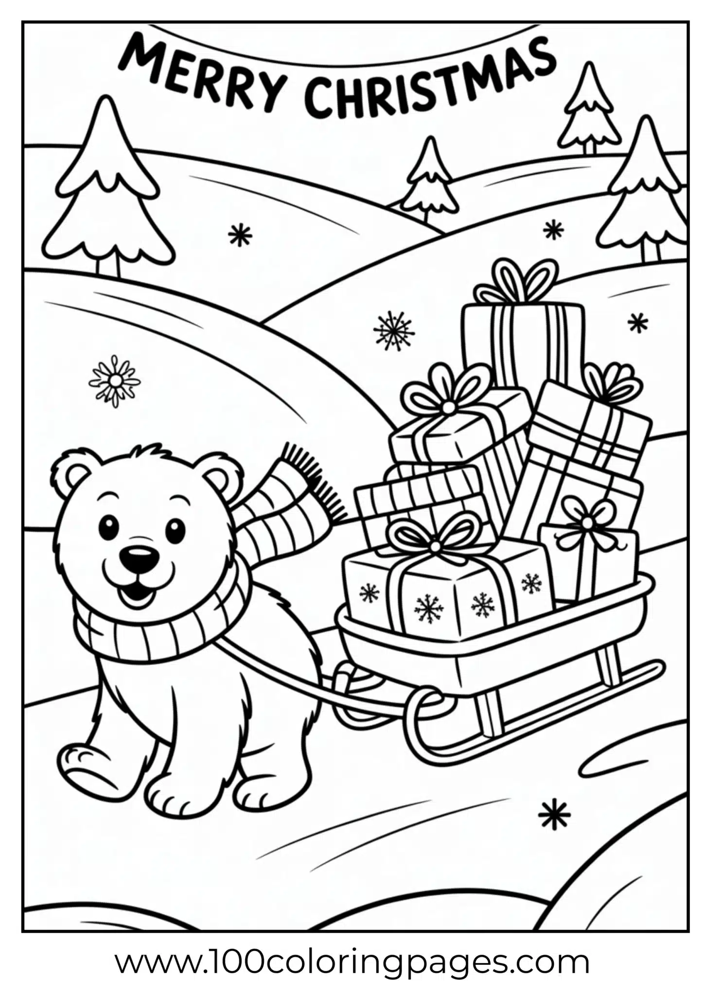 A polar bear pulling gift sled on Christmas