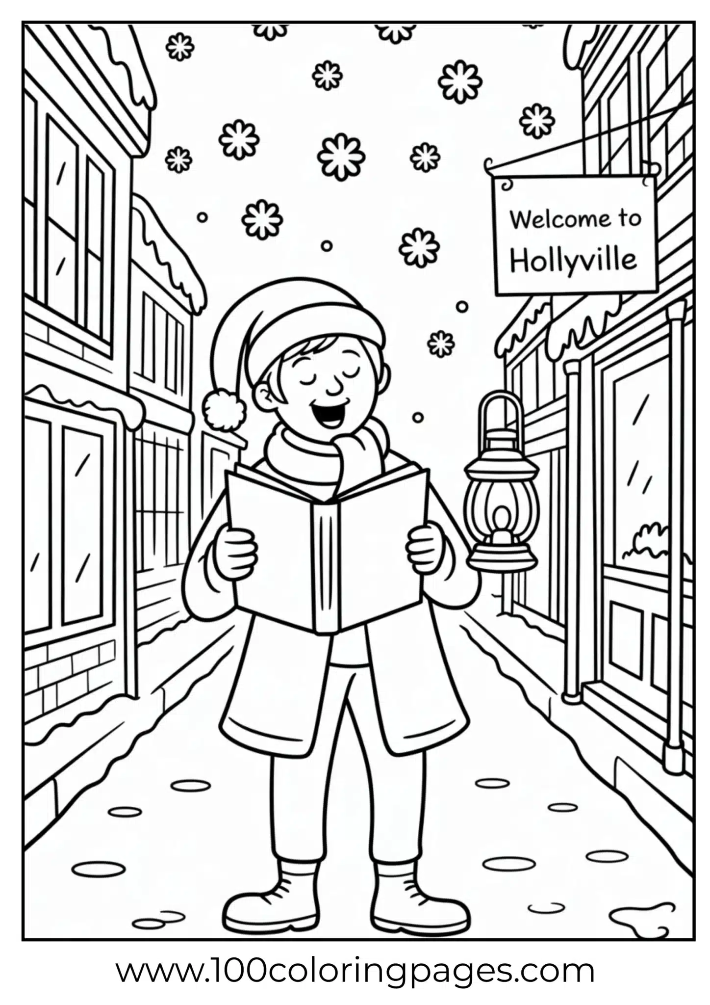 A Christmas caroler singing in snow
