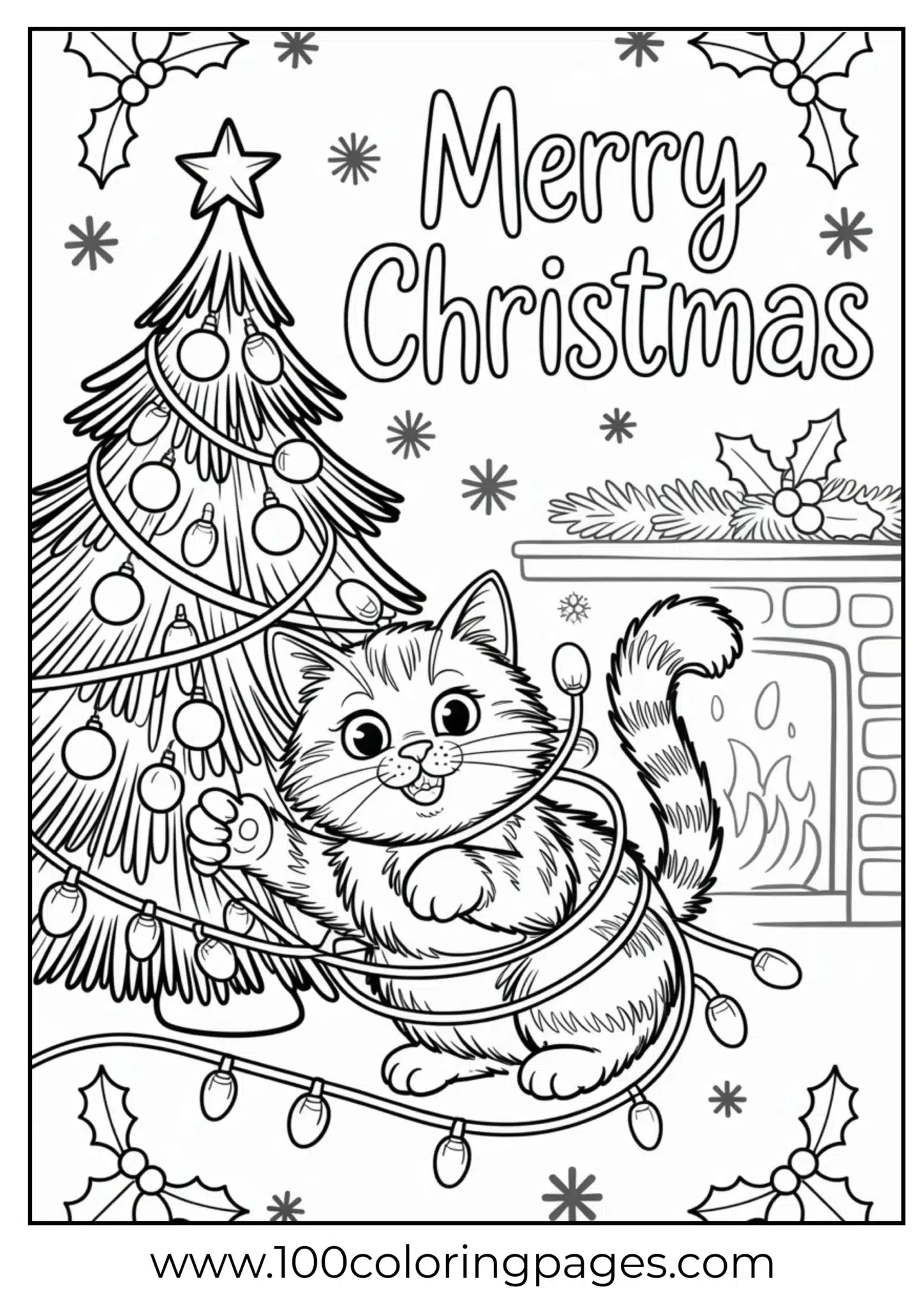 A cat tangled in Christmas lights