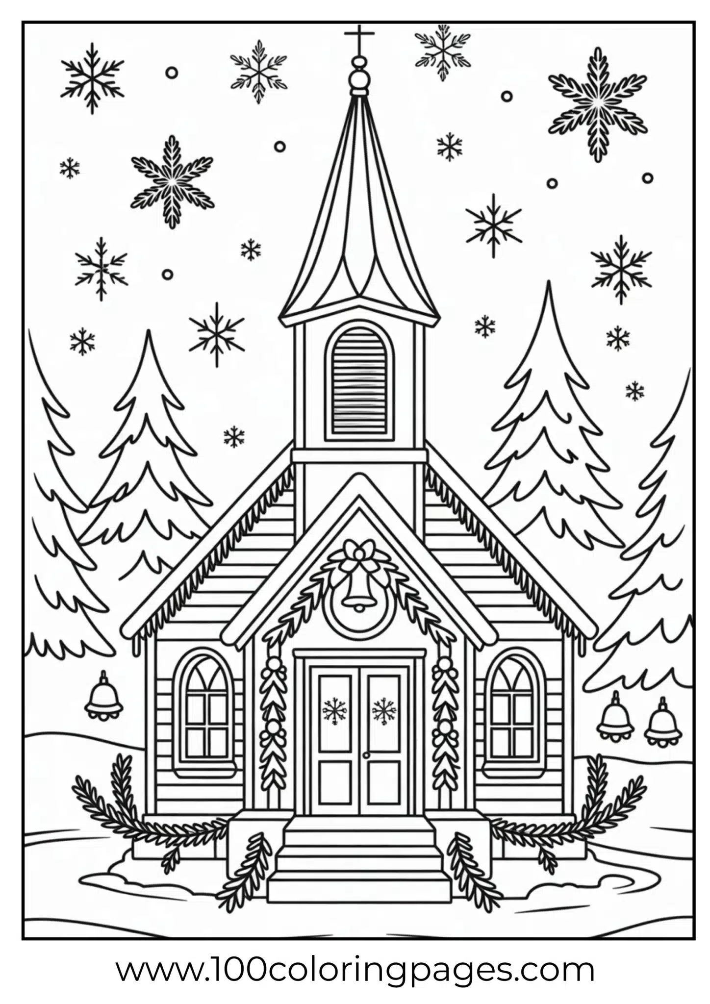 A decorated church on snowy Christmas night