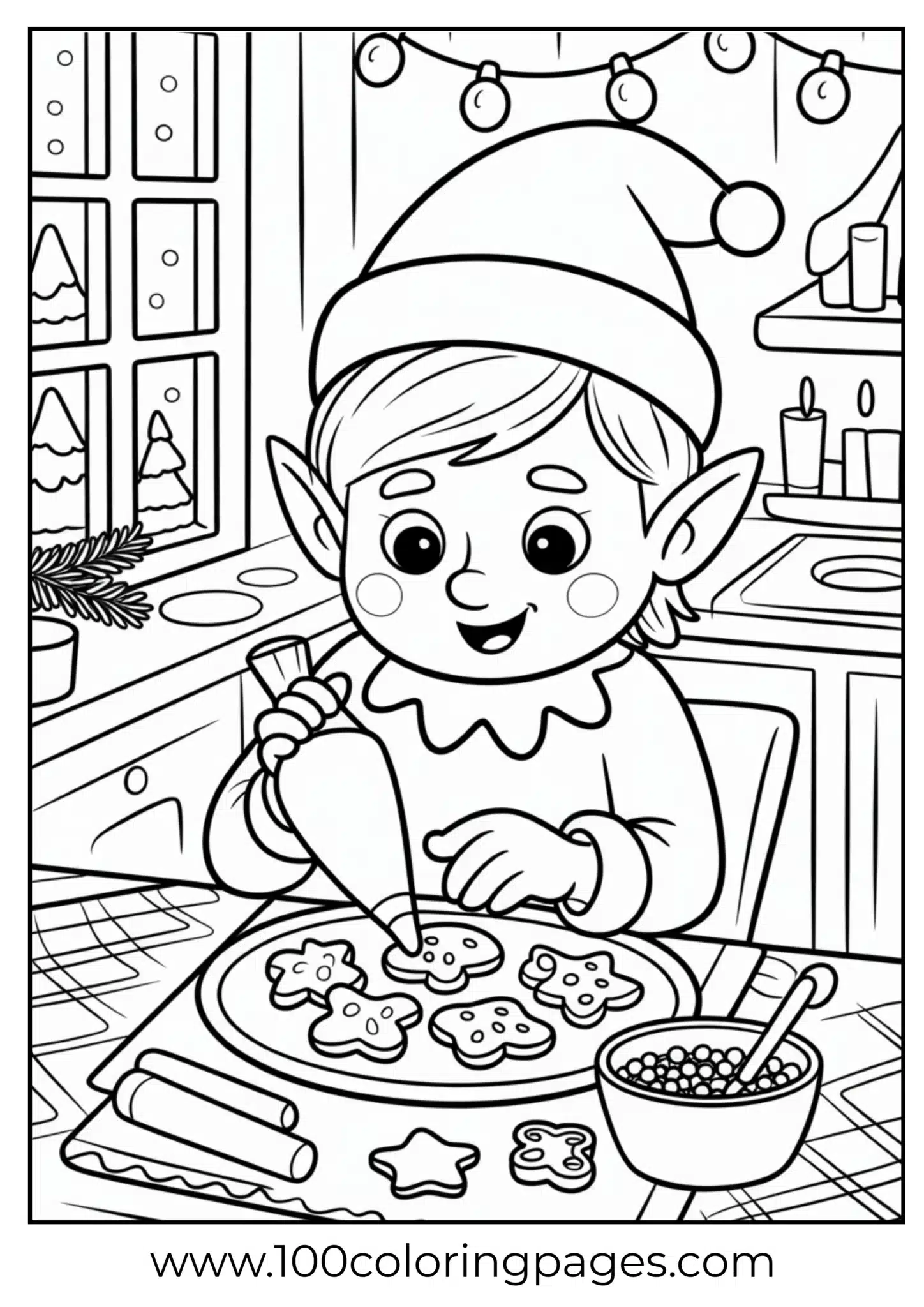 An elf baking gingerbread cookies on Christmas