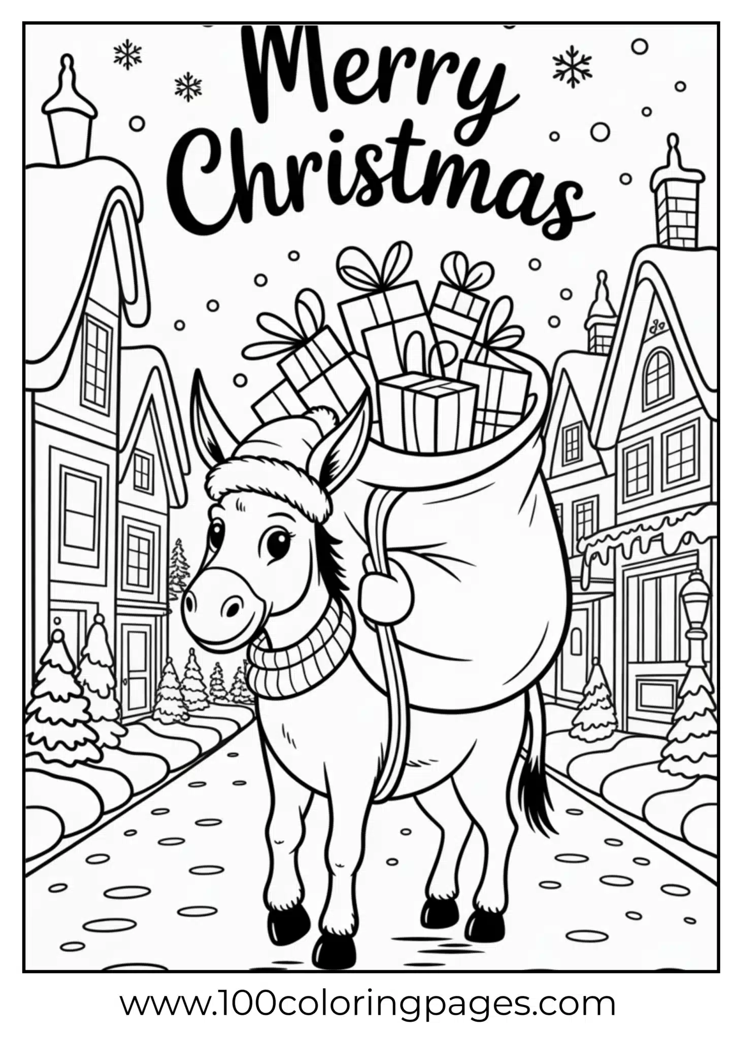 A donkey carrying gifts on Christmas
