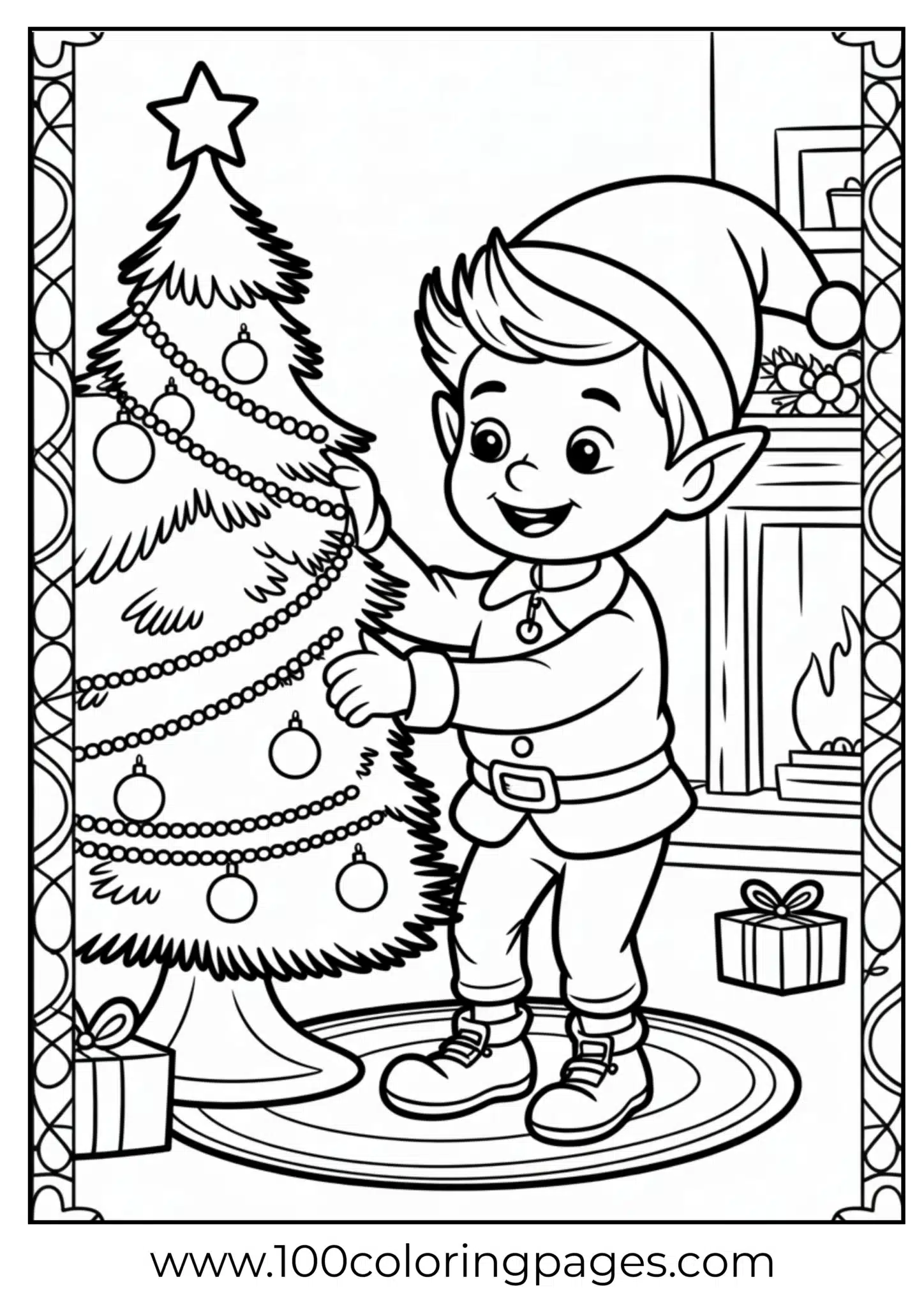 A child dressed as elf decorating Christmas tree