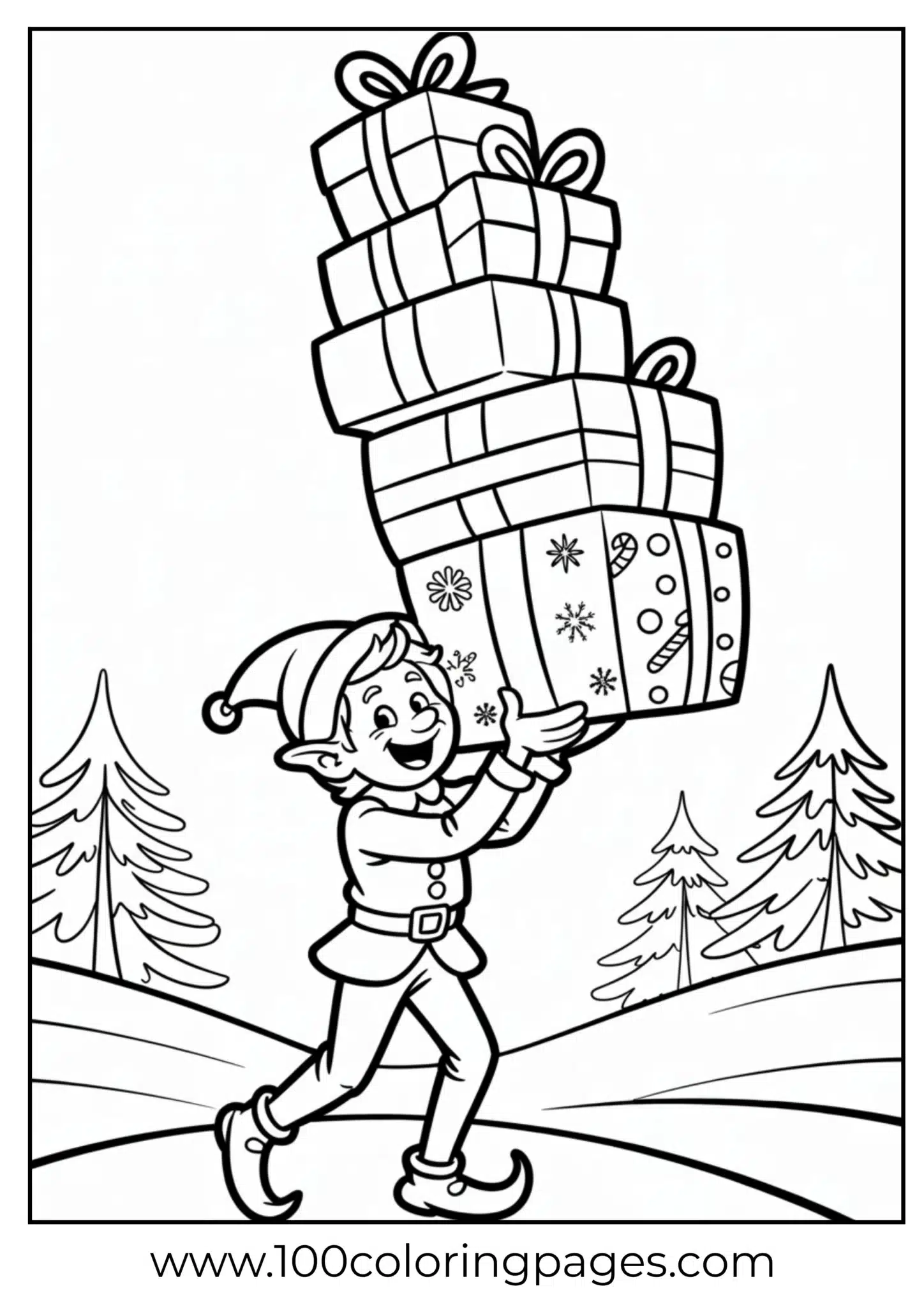 An elf struggling with a big stack of gifts