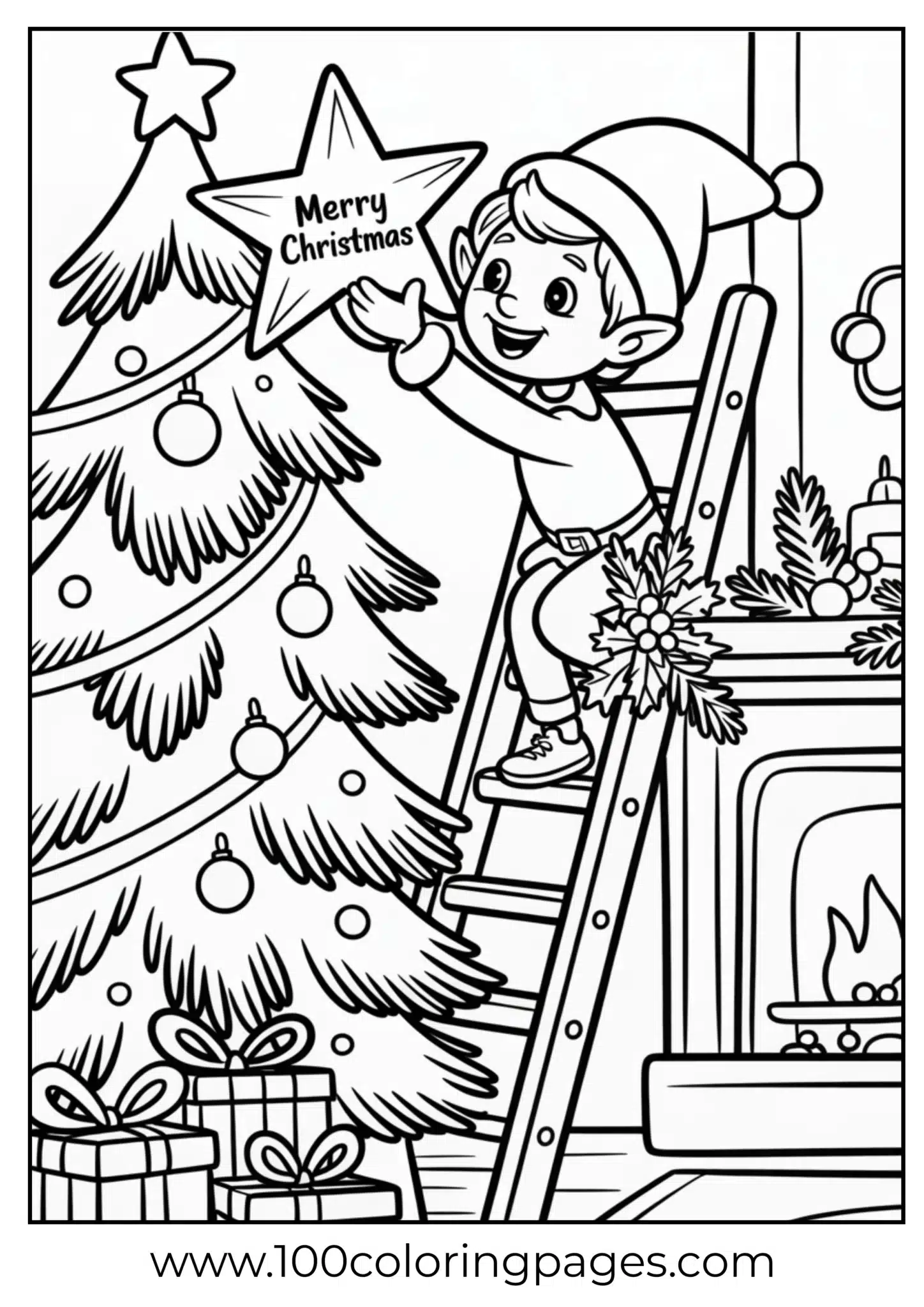 An elf putting star on Christmas tree