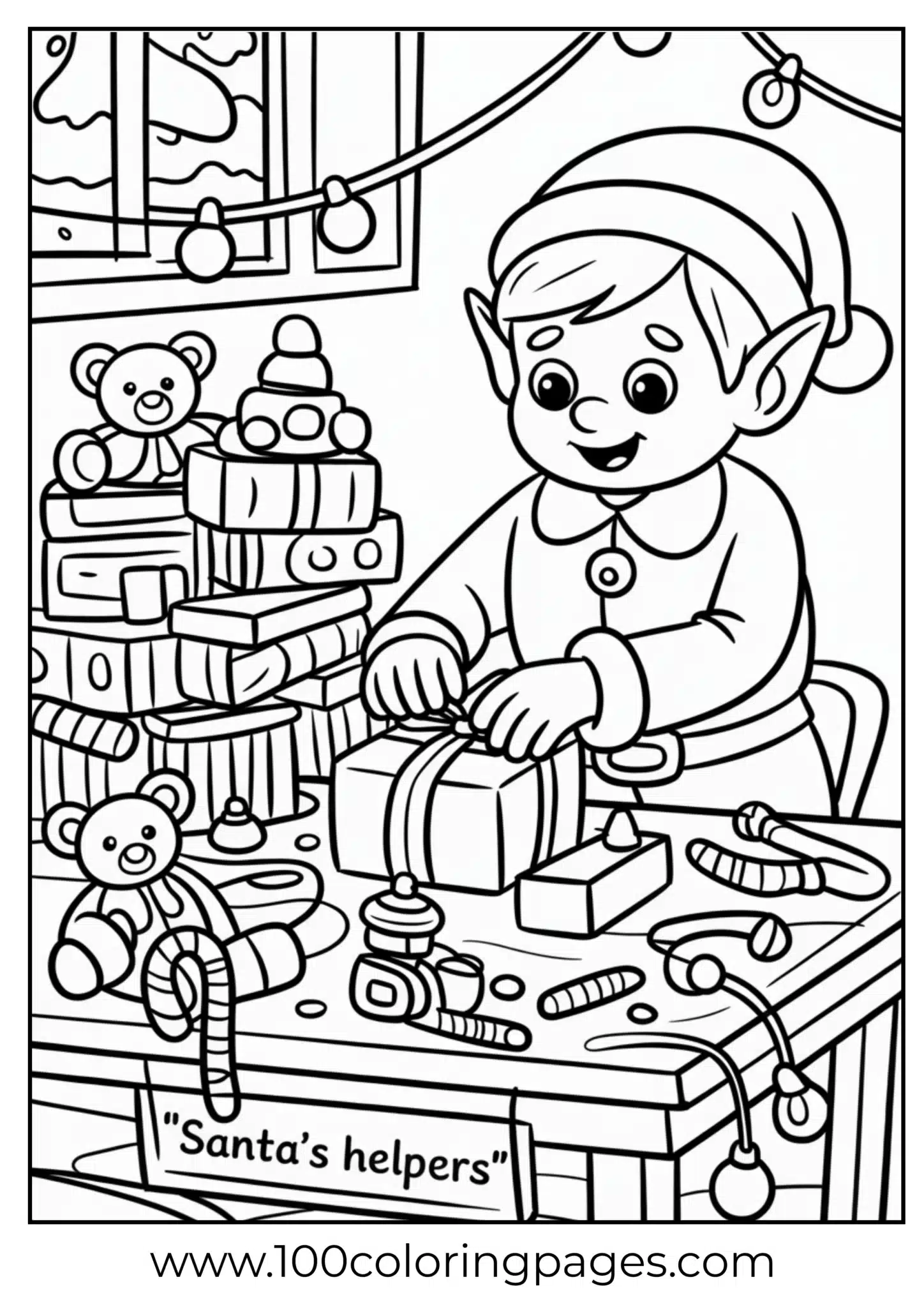 A Christmas elf wrapping toys in workshop