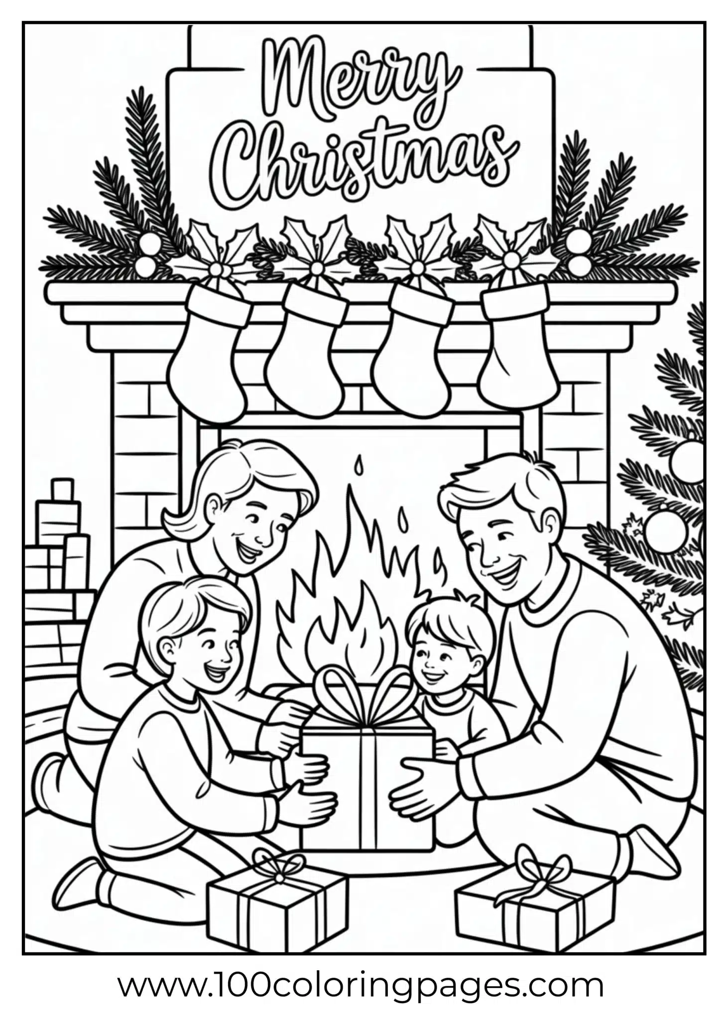 A family by fireplace on Christmas night