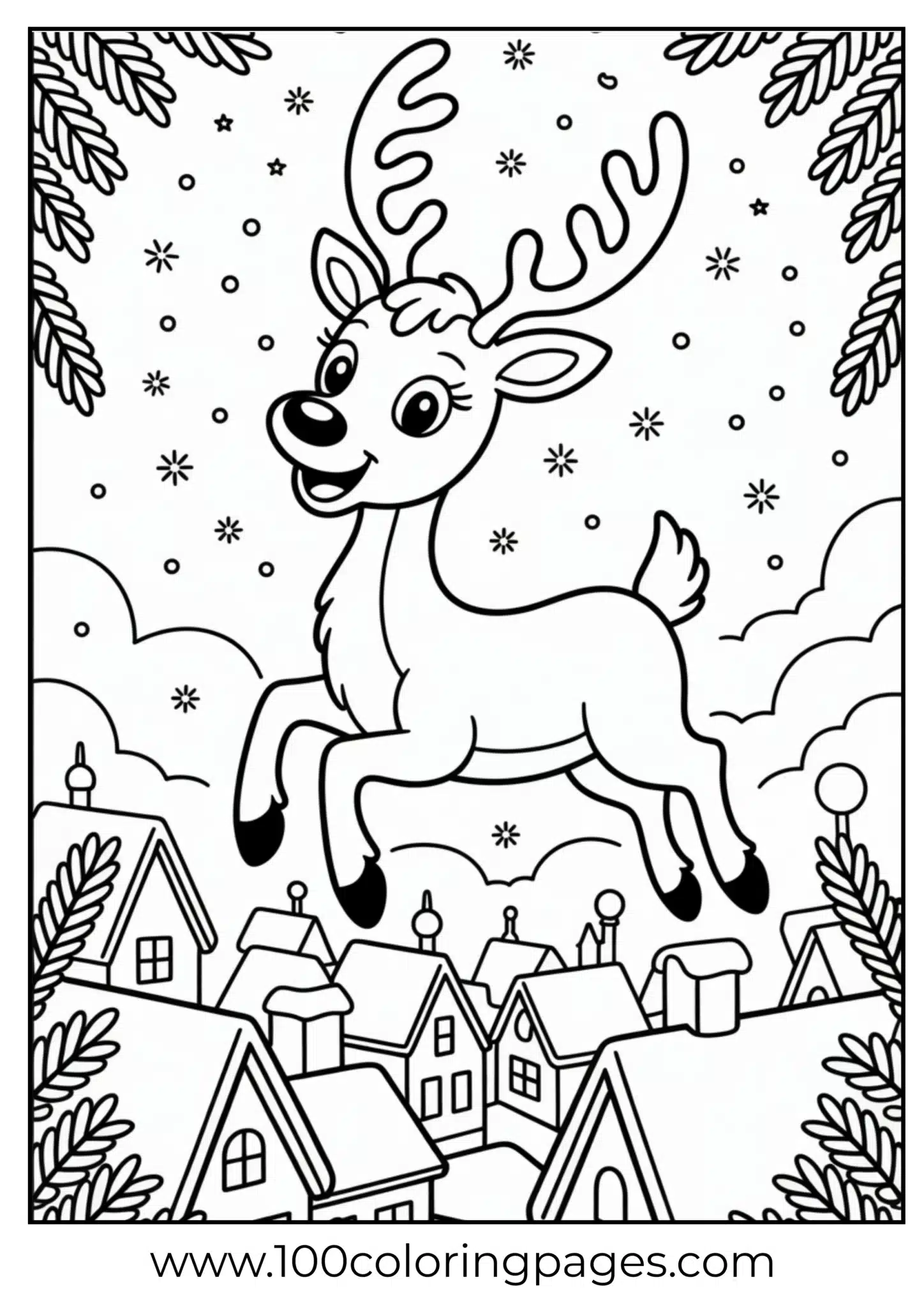 A reindeer flying above houses on Christmas