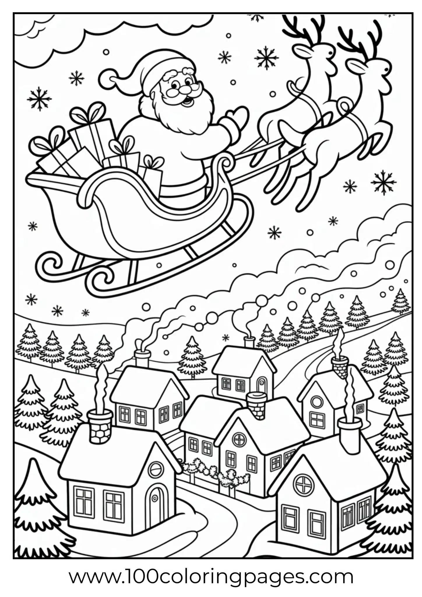 Santa in sleigh flying over village on Christmas