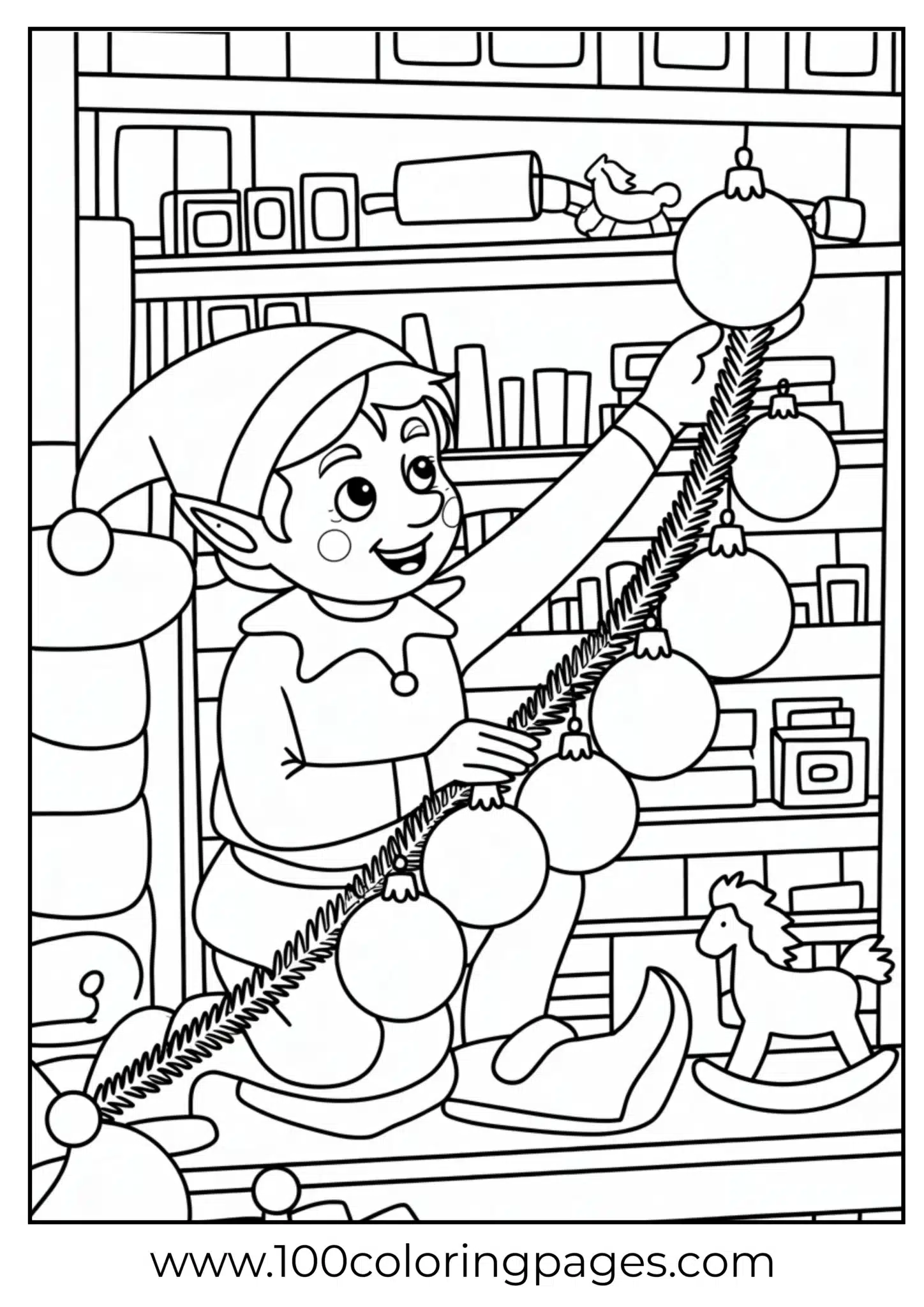 An elf decorating workshop with garlands