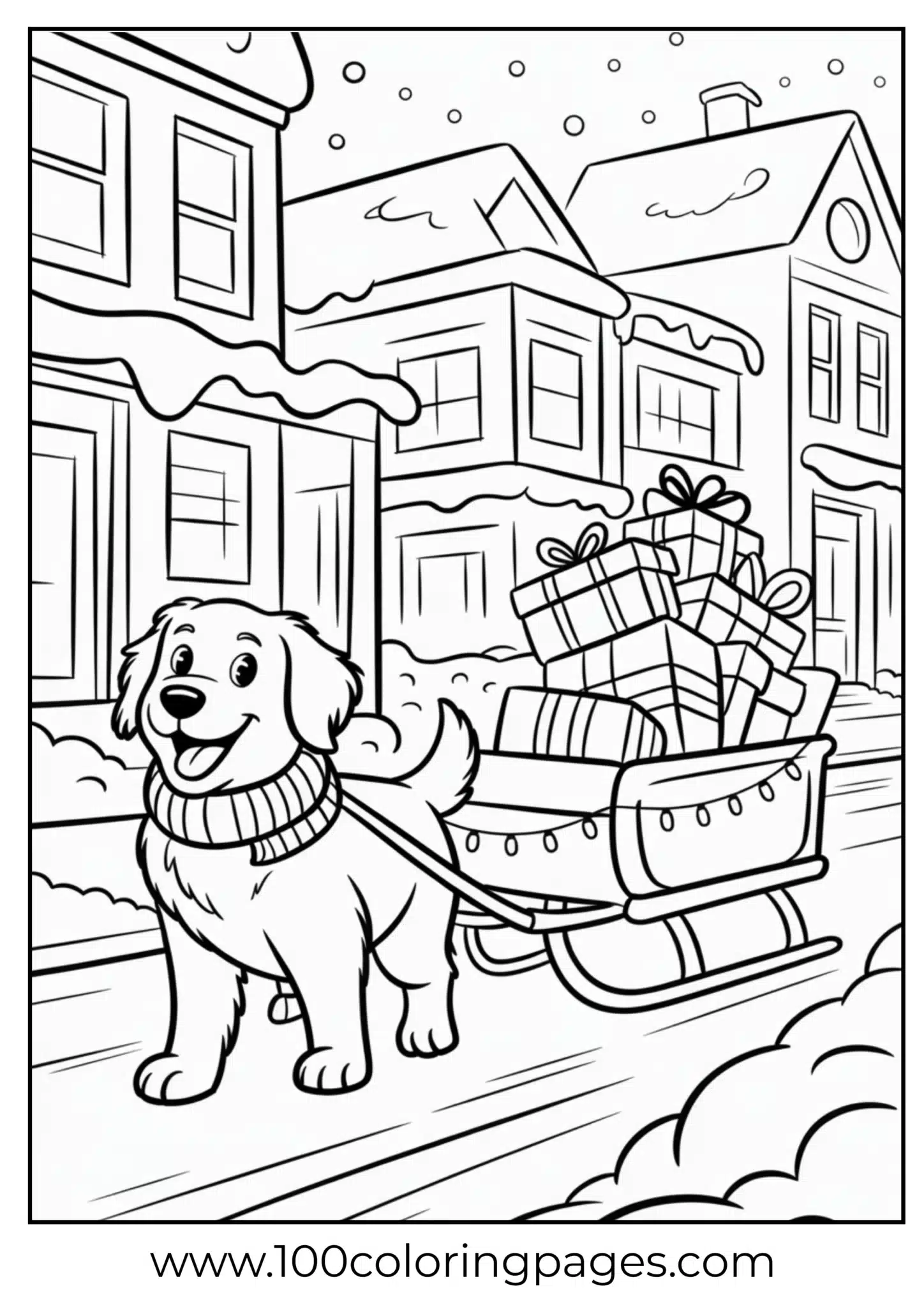 A dog pulling sled of gifts on Christmas