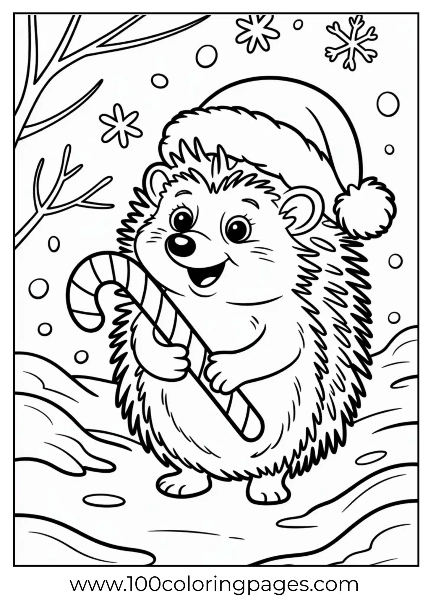 A hedgehog with candy cane on Christmas