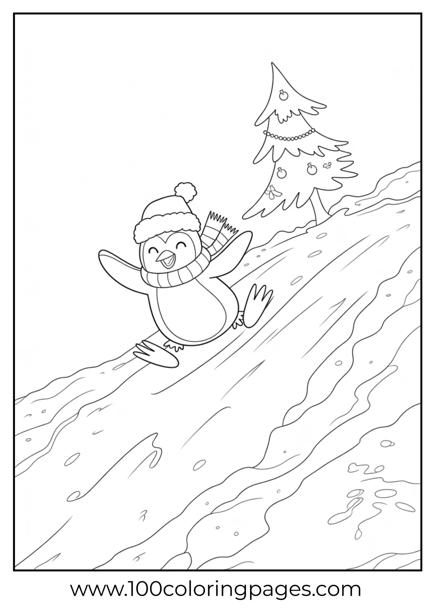 A penguin sliding on ice at Christmas