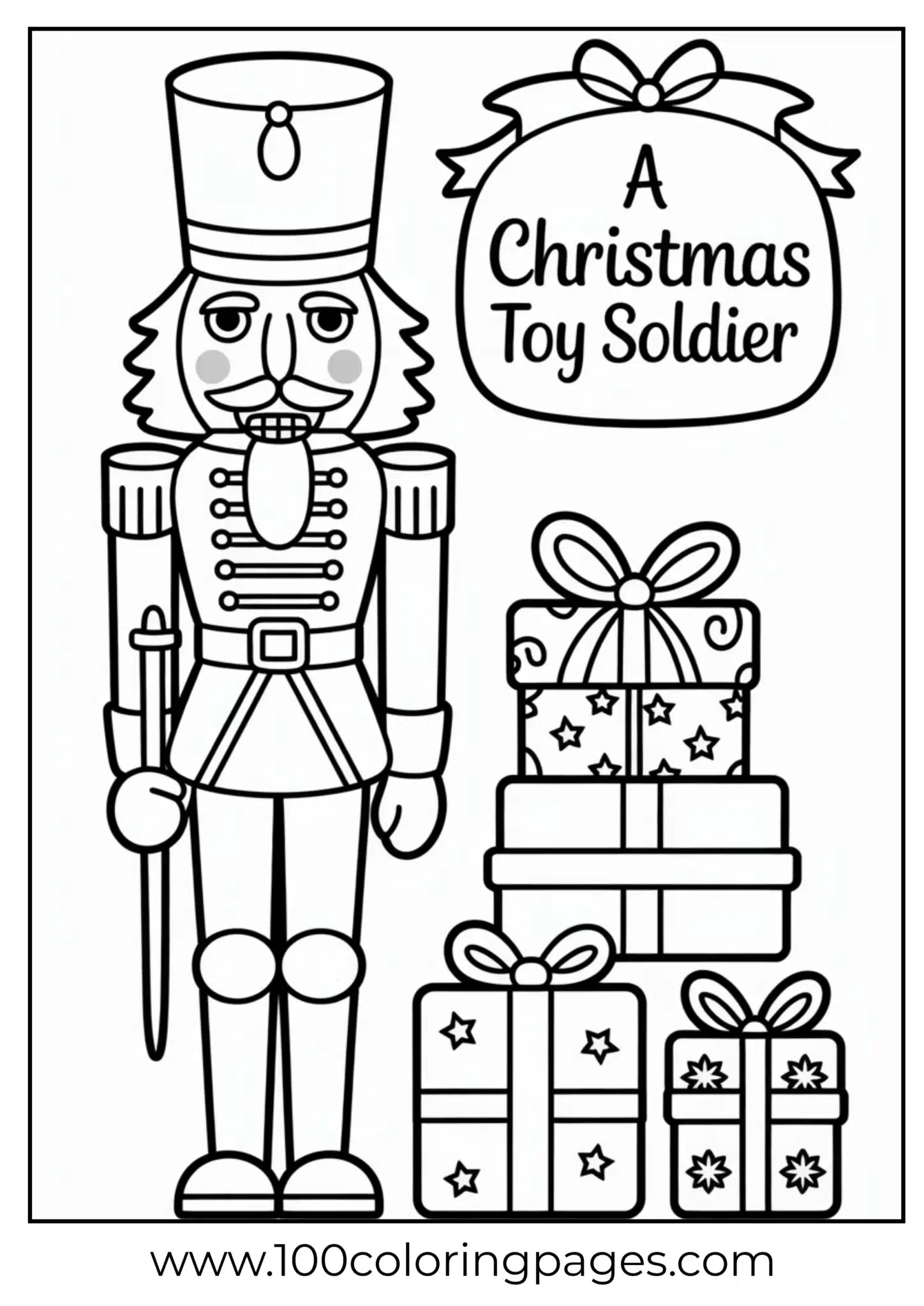 A nutcracker with Christmas gifts nearby