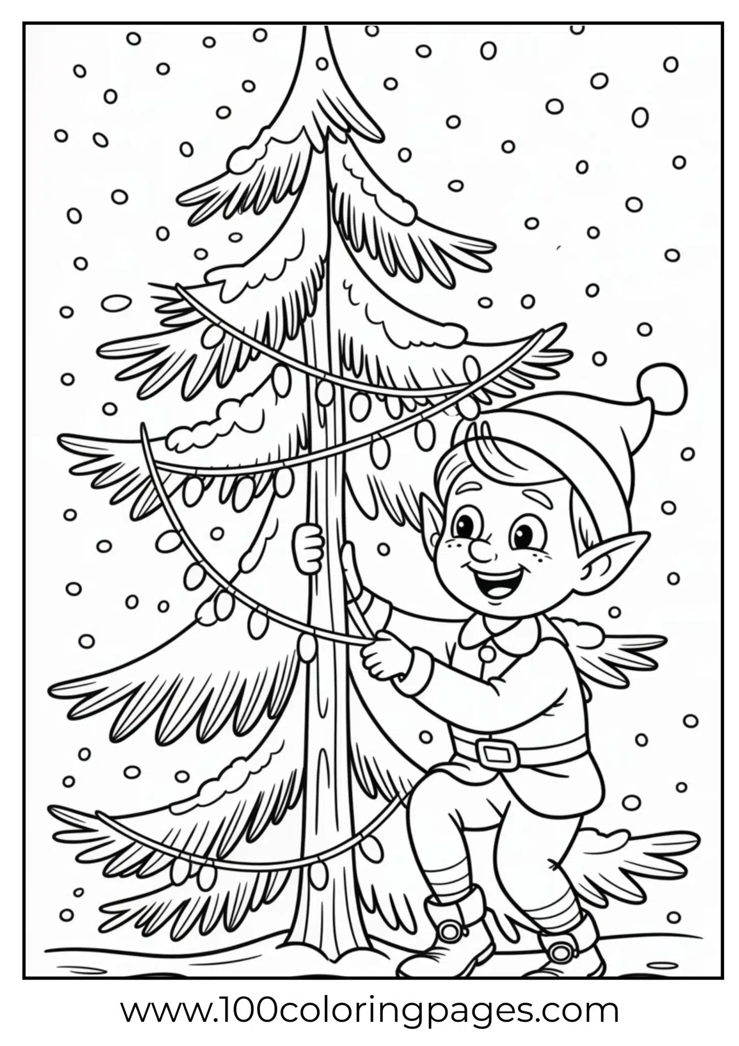 An elf decorating outdoor Christmas tree