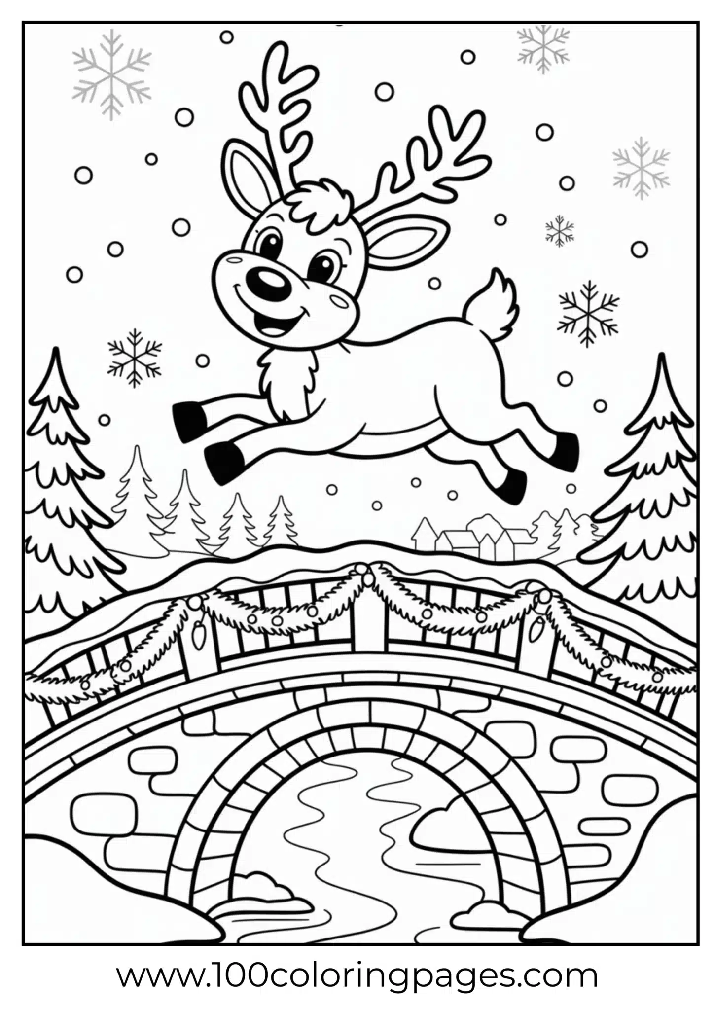 A reindeer flying over decorated bridge on Christmas