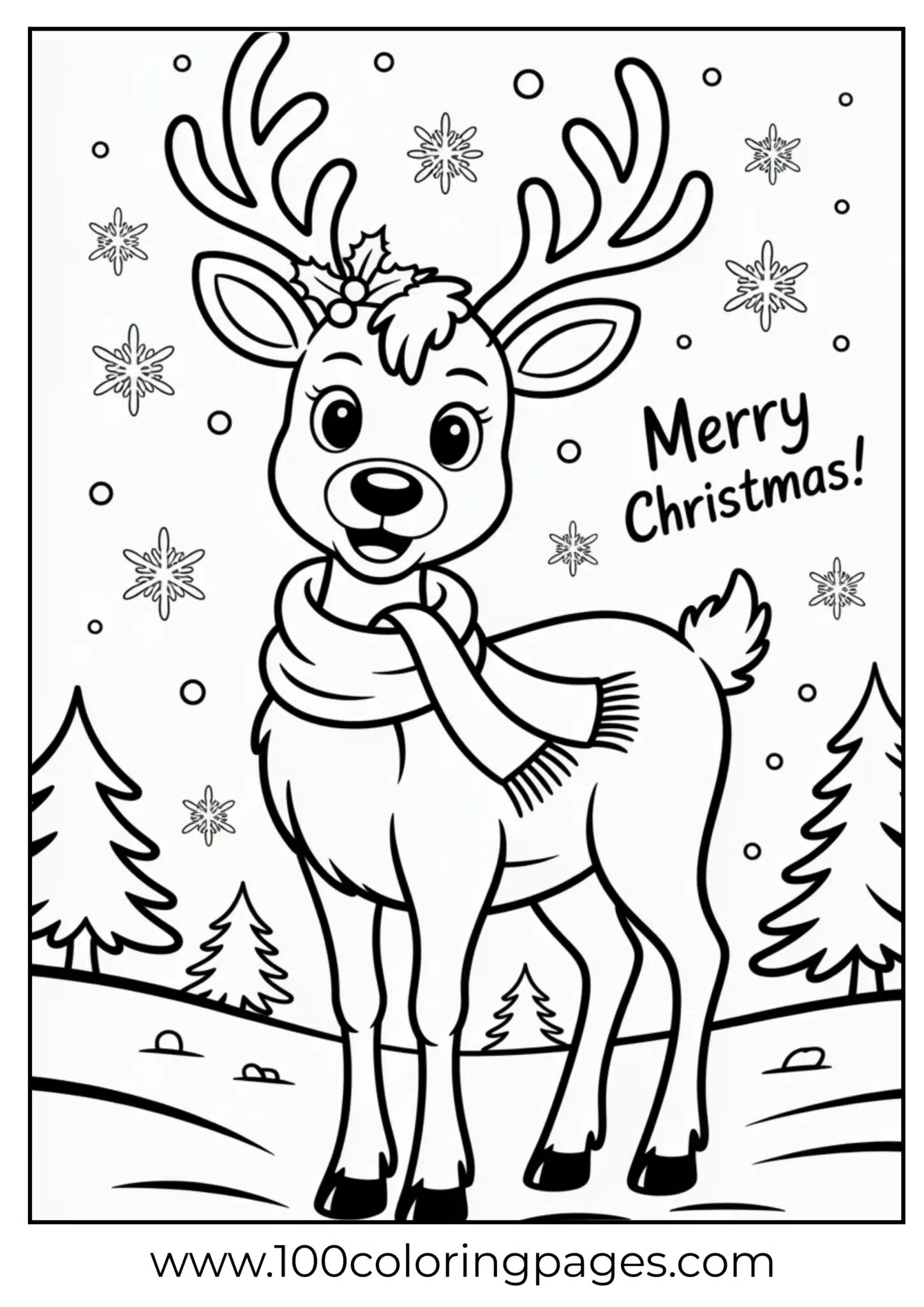 A reindeer with scarf in snowy Christmas scene