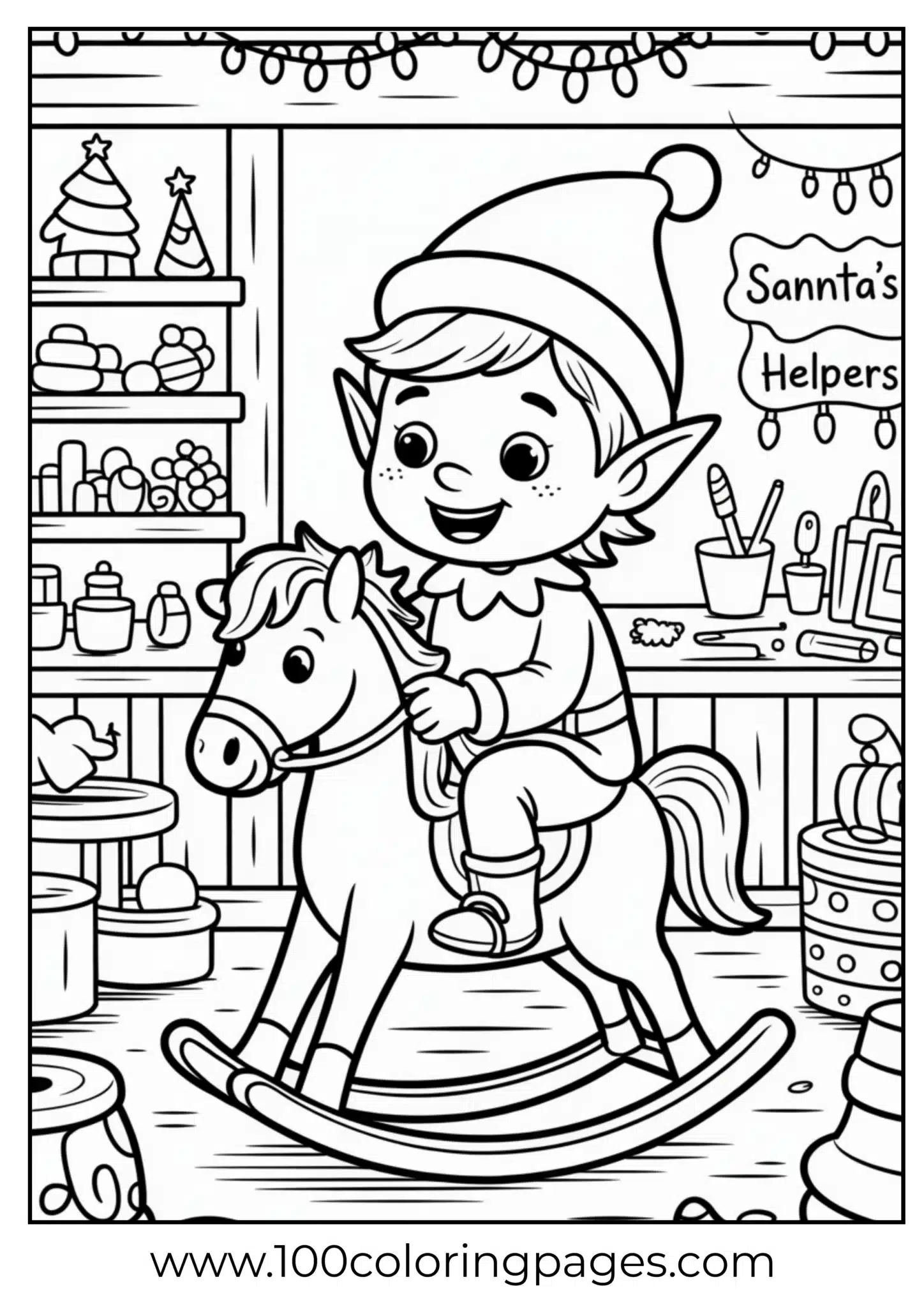An elf riding rocking horse on Christmas