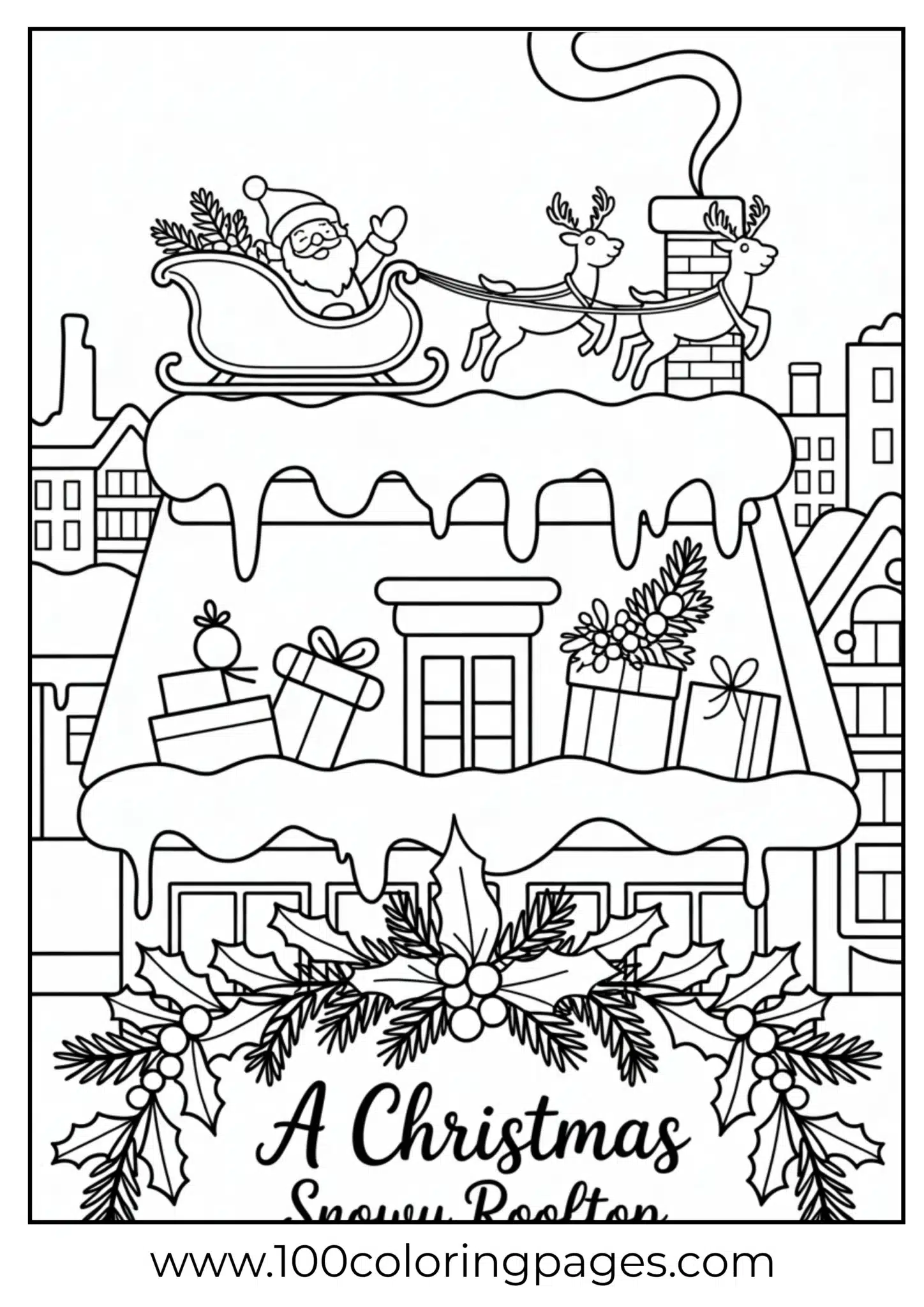Santa landing sleigh on rooftop Christmas night
