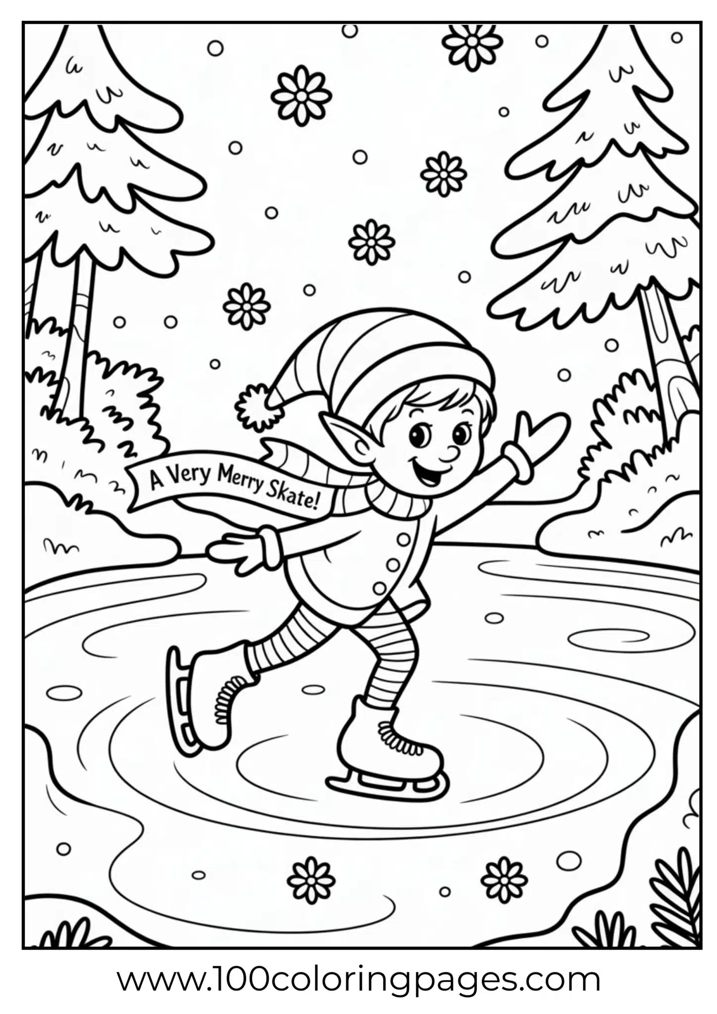 An elf skating on Christmas pond