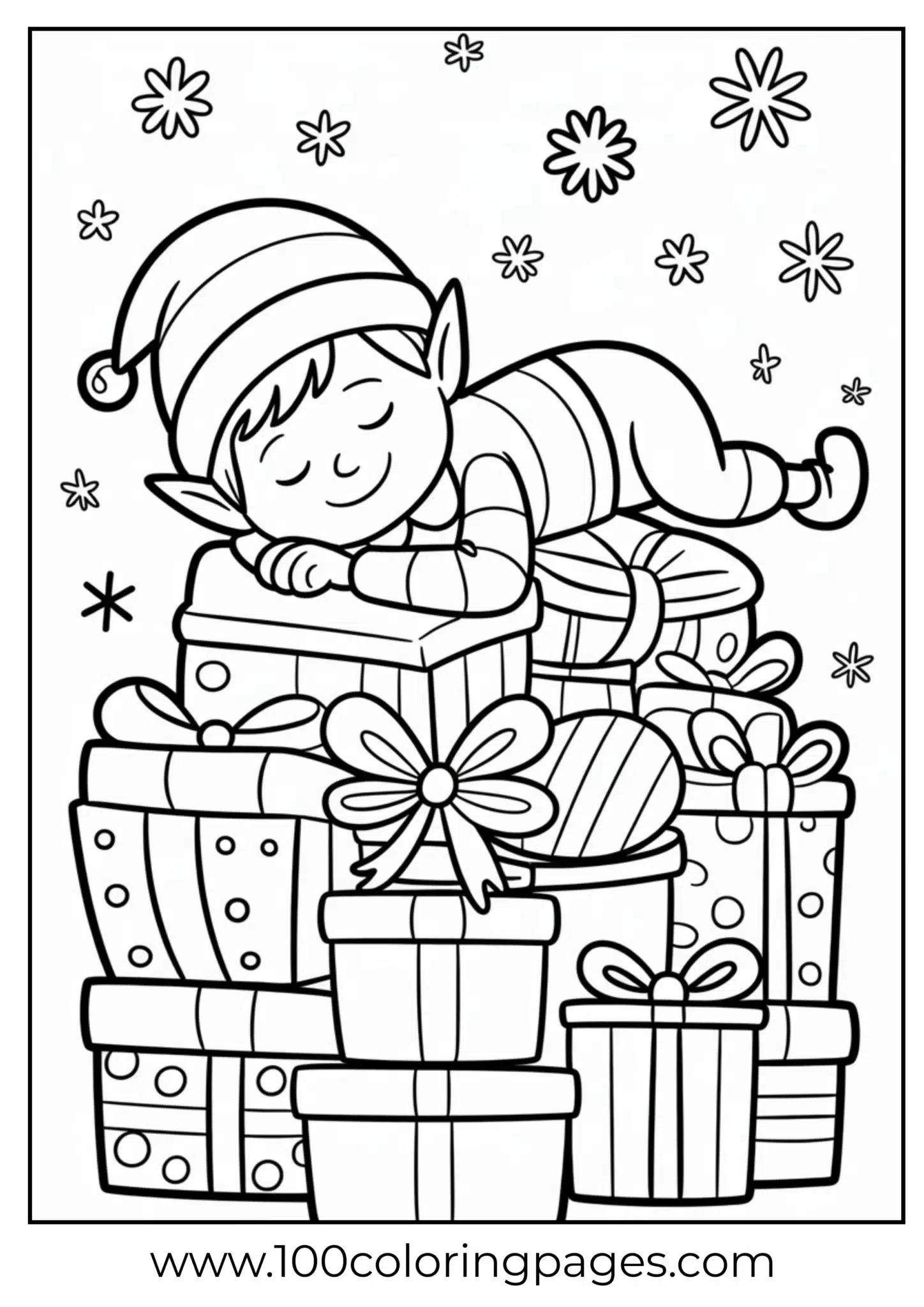 An elf asleep on gifts at Christmas