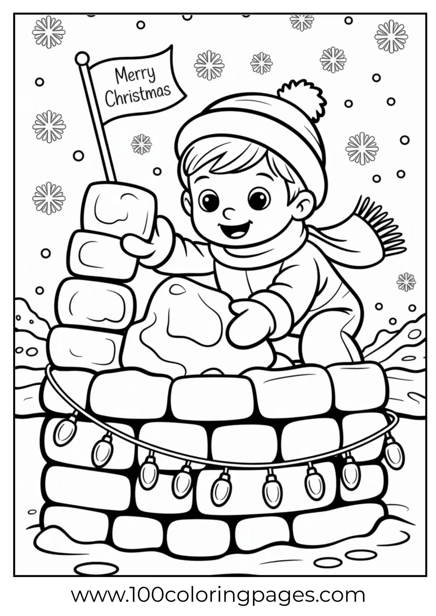 A snow fort with Christmas lights