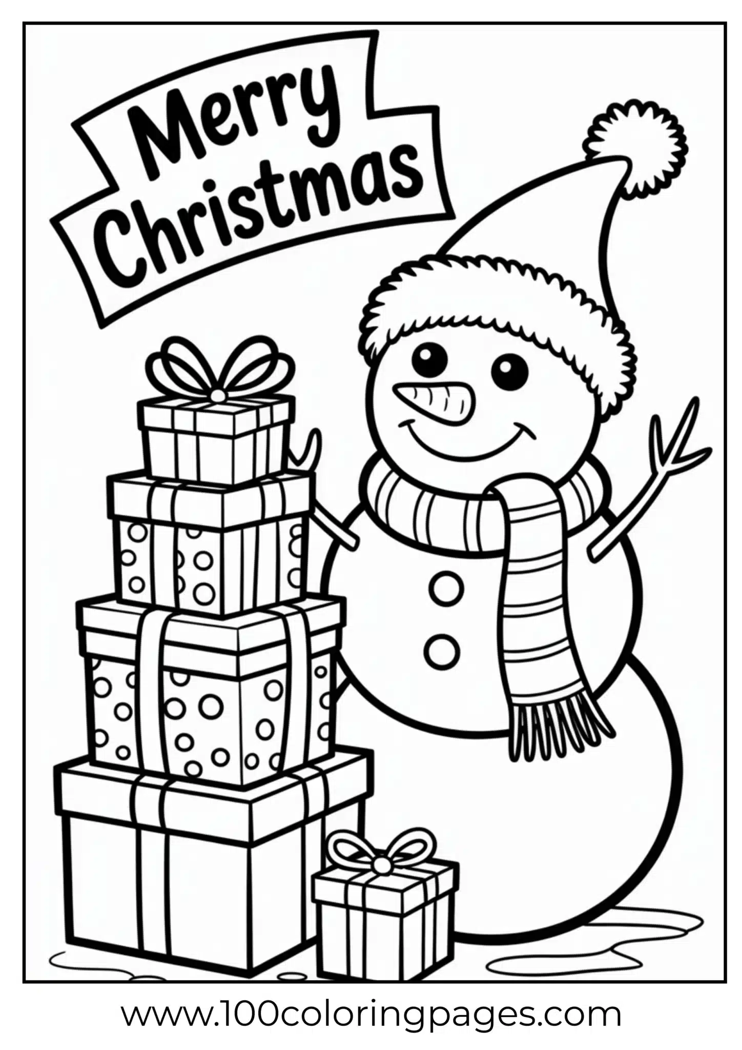 A snowman with presents under Christmas tree