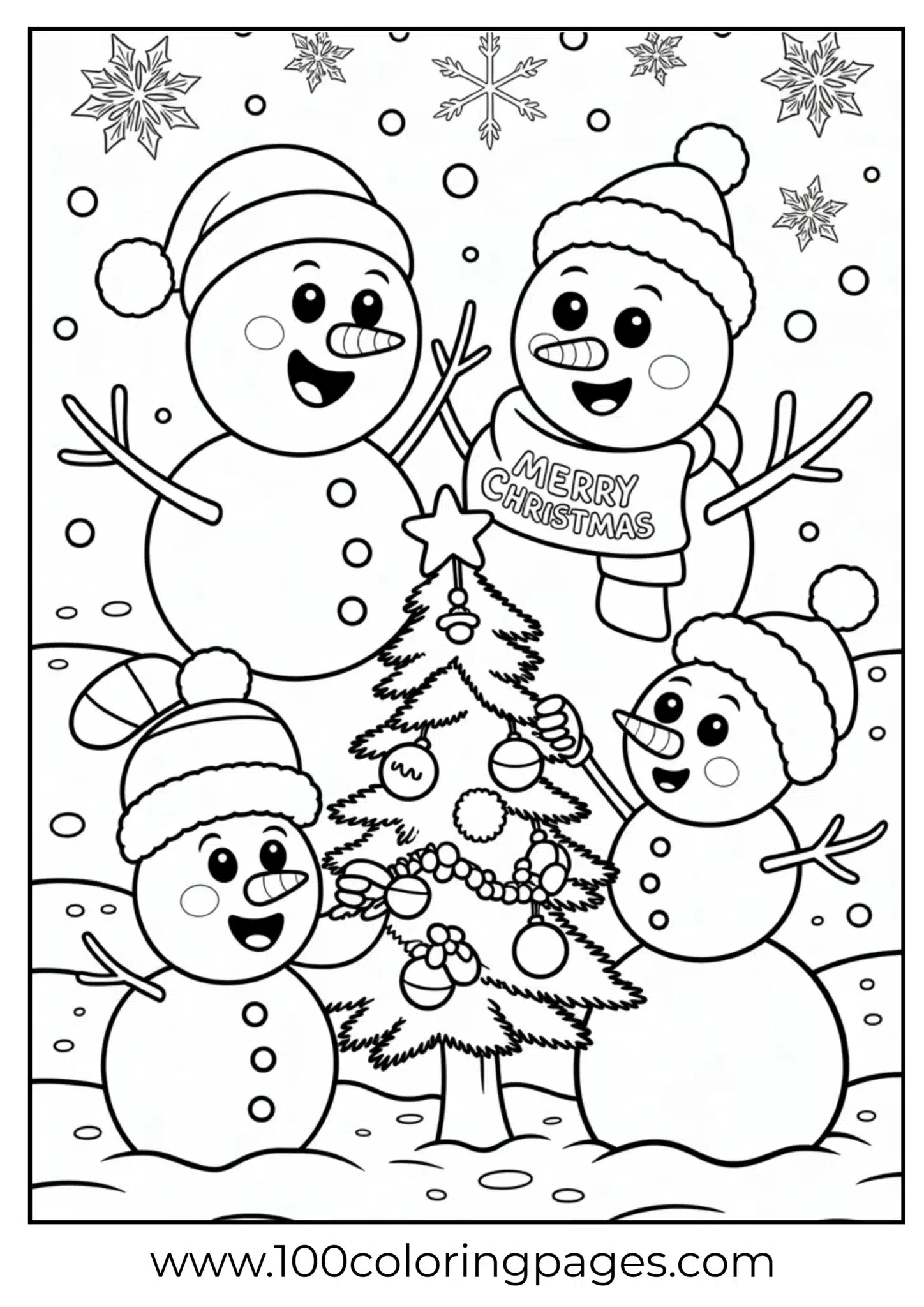 A snowman family decorating tree on Christmas