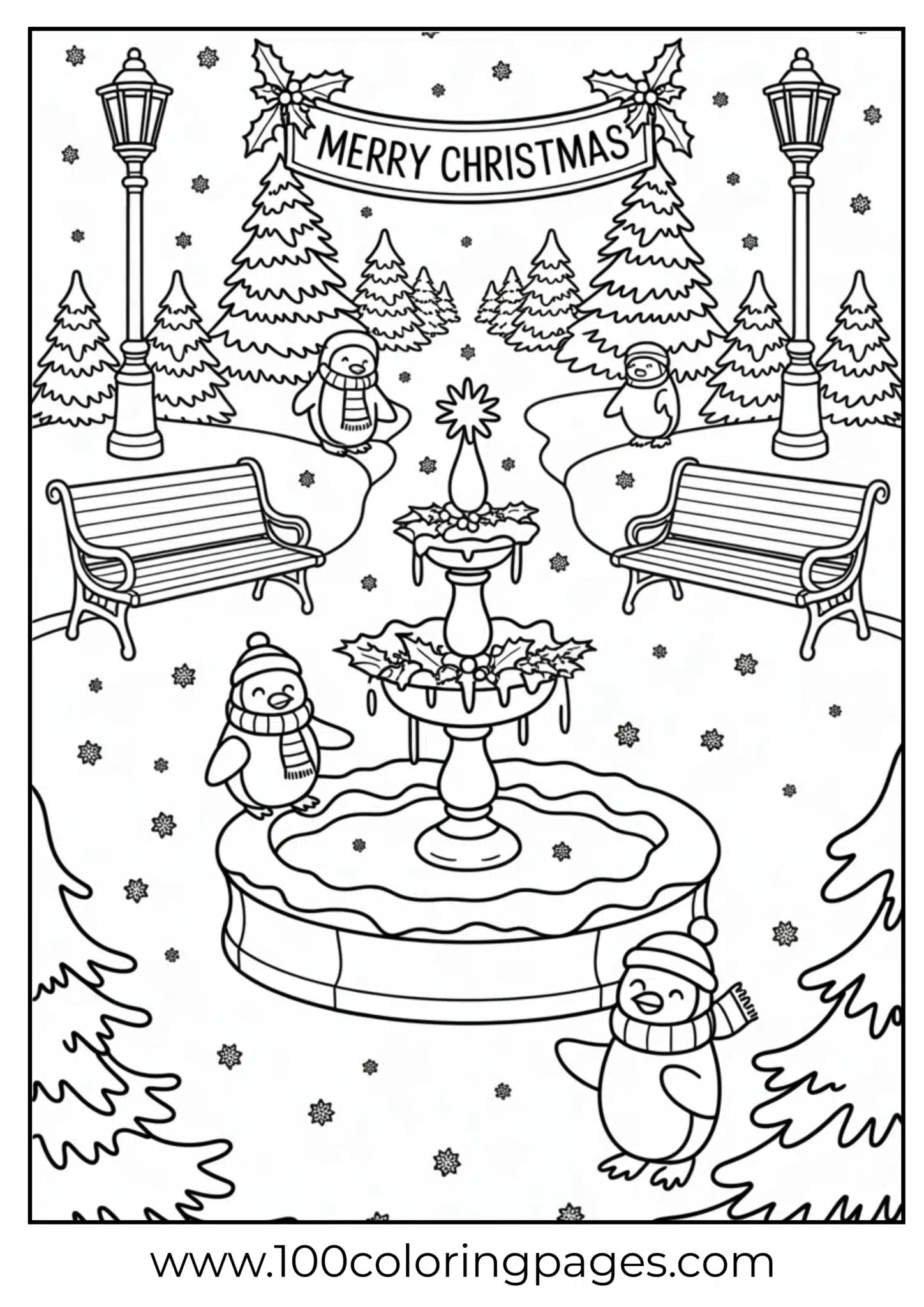 A park decorated for Christmas