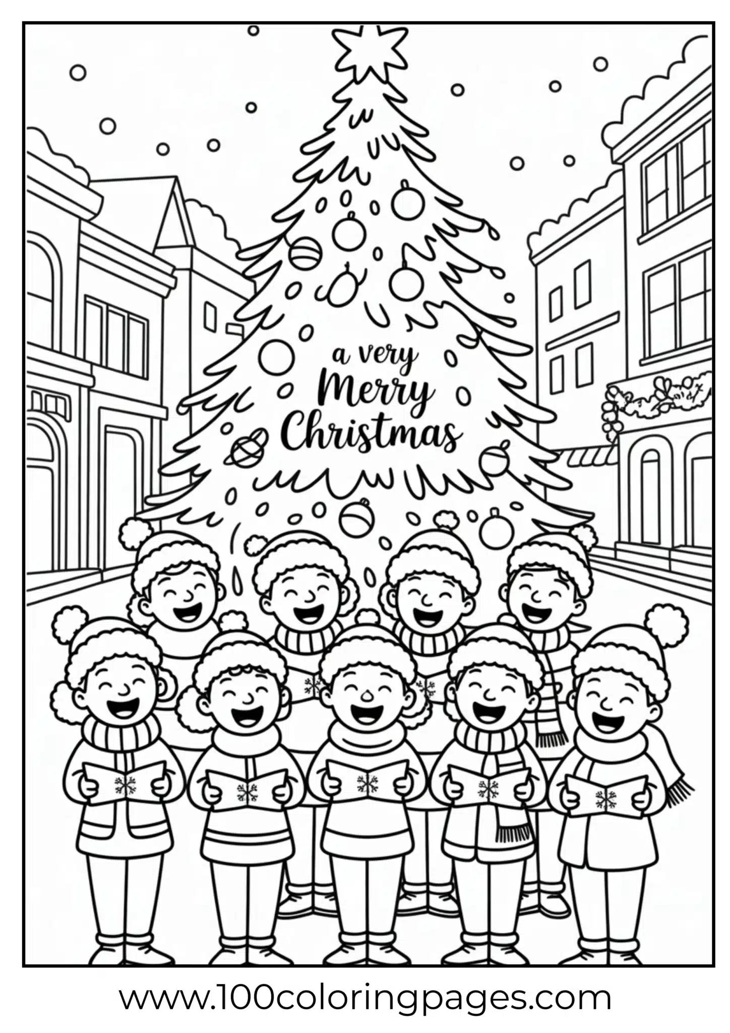 A choir singing in front of Christmas tree