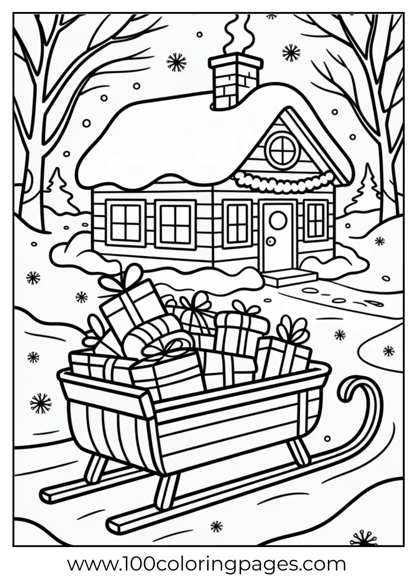 A sled of toys outside a cabin on Christmas
