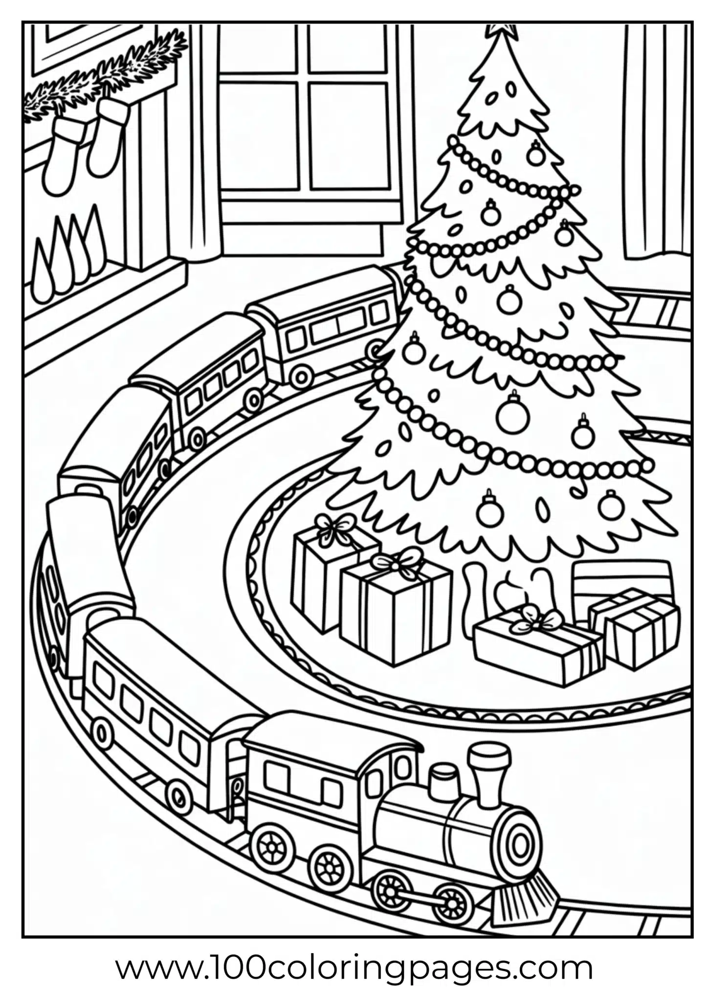 A toy train circling Christmas tree