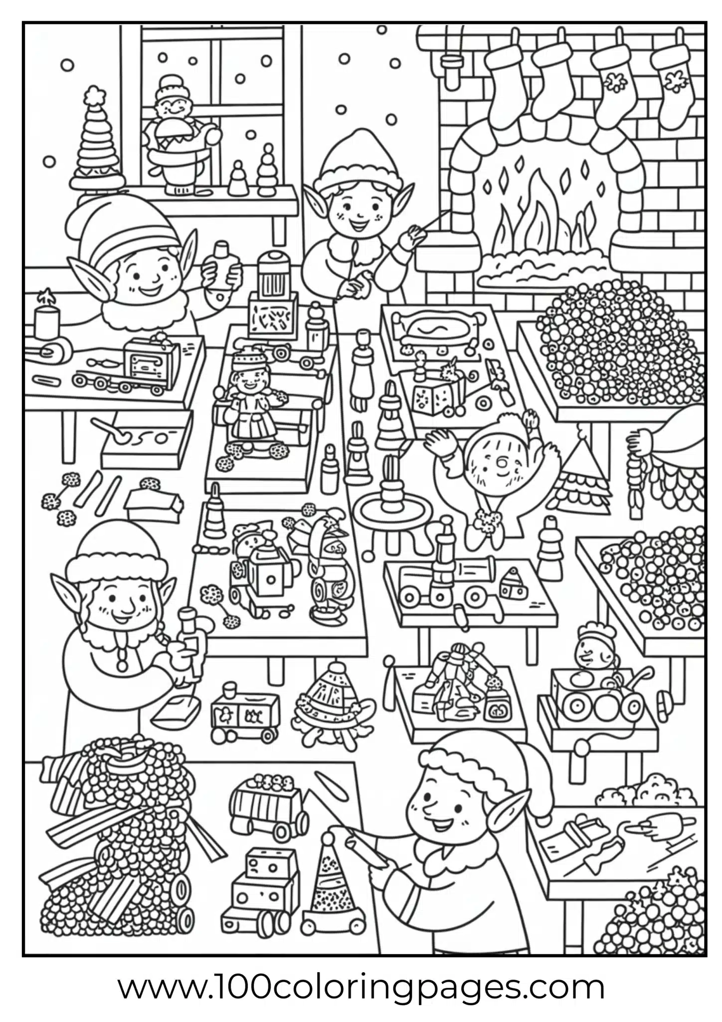 Elves making toys in Santa’s Christmas workshop