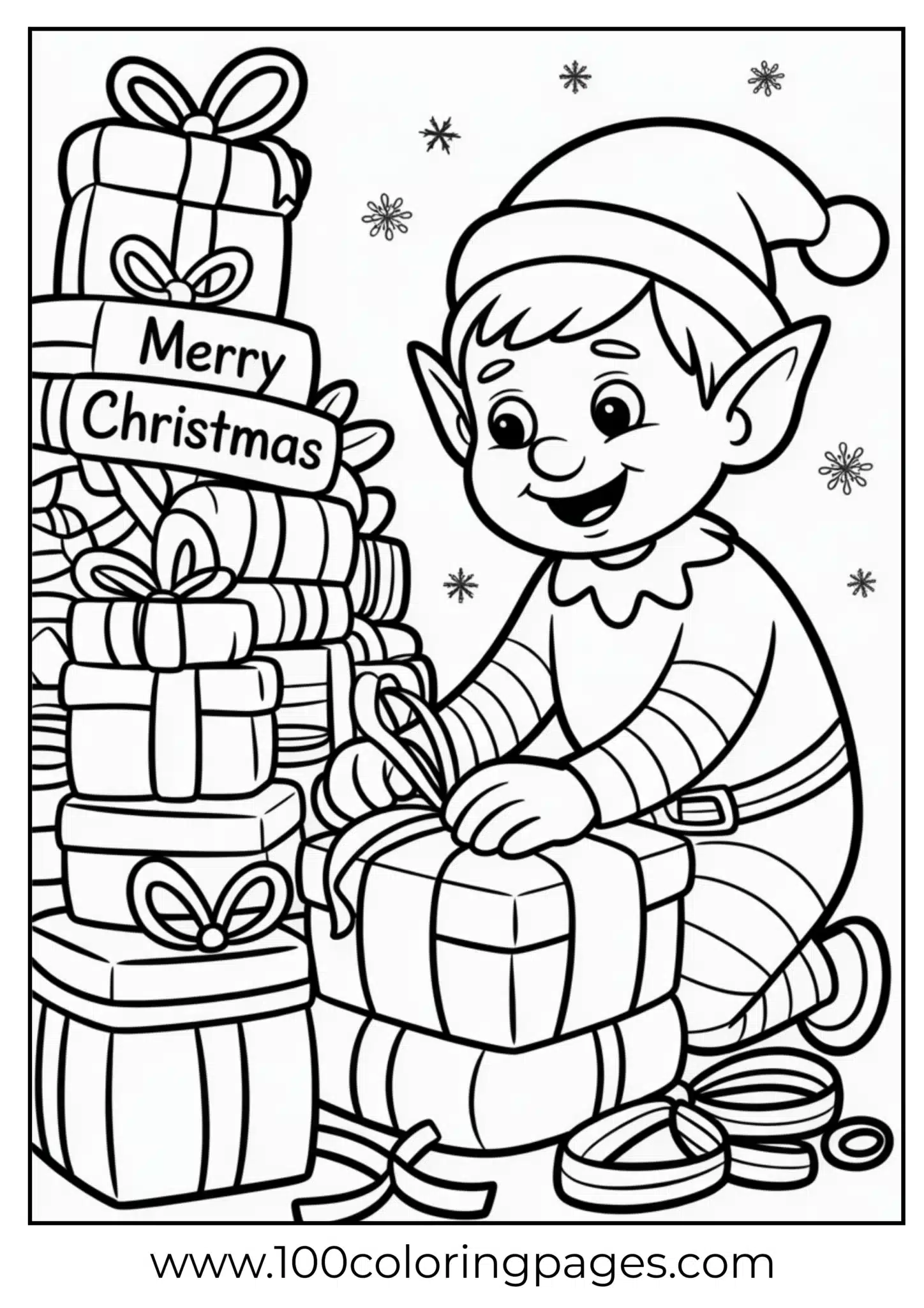 An elf wrapping presents on Christmas